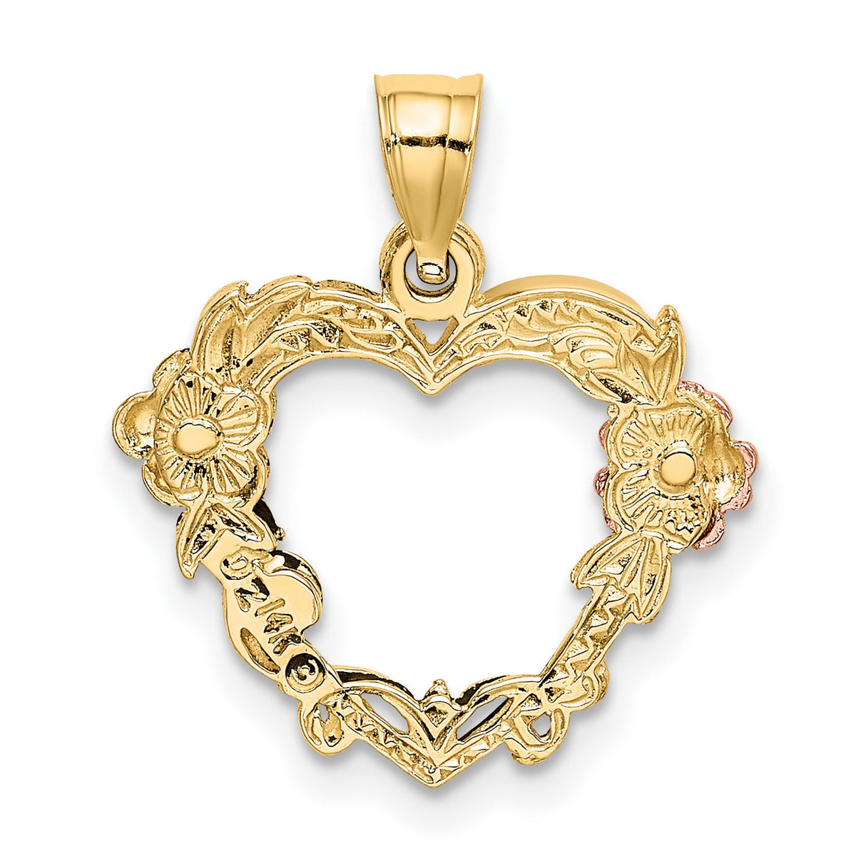10k Two-Tone Gold Heart Pendant with Rose and White Gold Floral Accents and Leaf Detailing