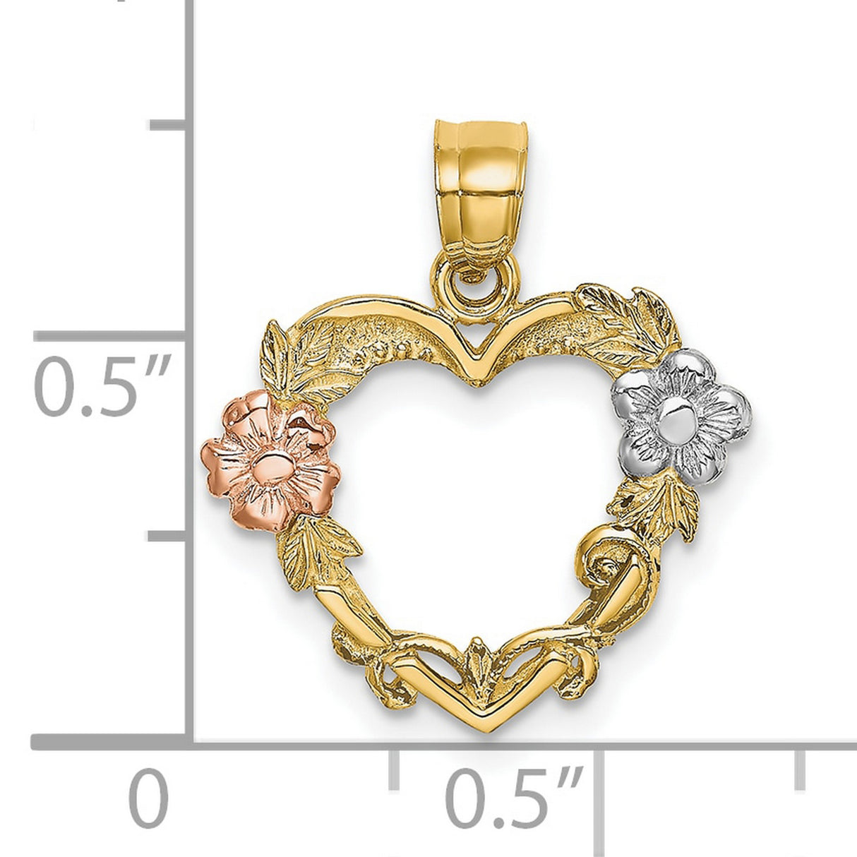 10k Two-Tone Gold Heart Pendant with Rose and White Gold Floral Accents and Leaf Detailing