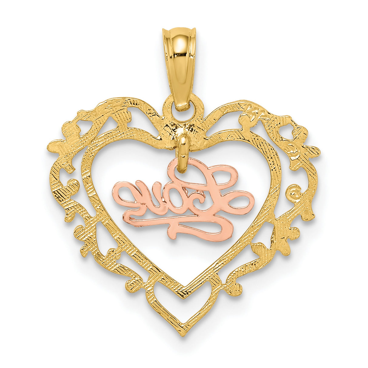 10k Two-Tone Gold Heart Pendant with Rose Gold Love Script and Filigree Design