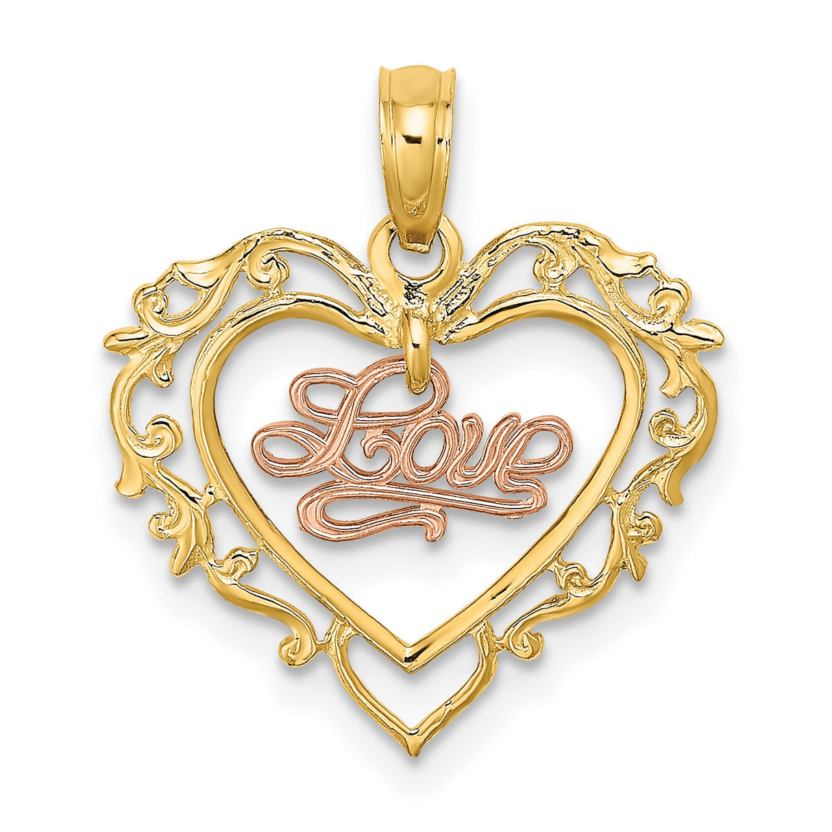 10k Two-Tone Gold Heart Pendant with Rose Gold Love Script and Filigree Design