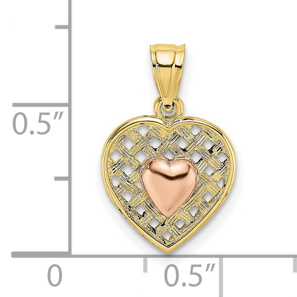 10k Two-Tone Gold Heart Pendant with Rose Gold Center and Yellow Gold Lattice Frame
