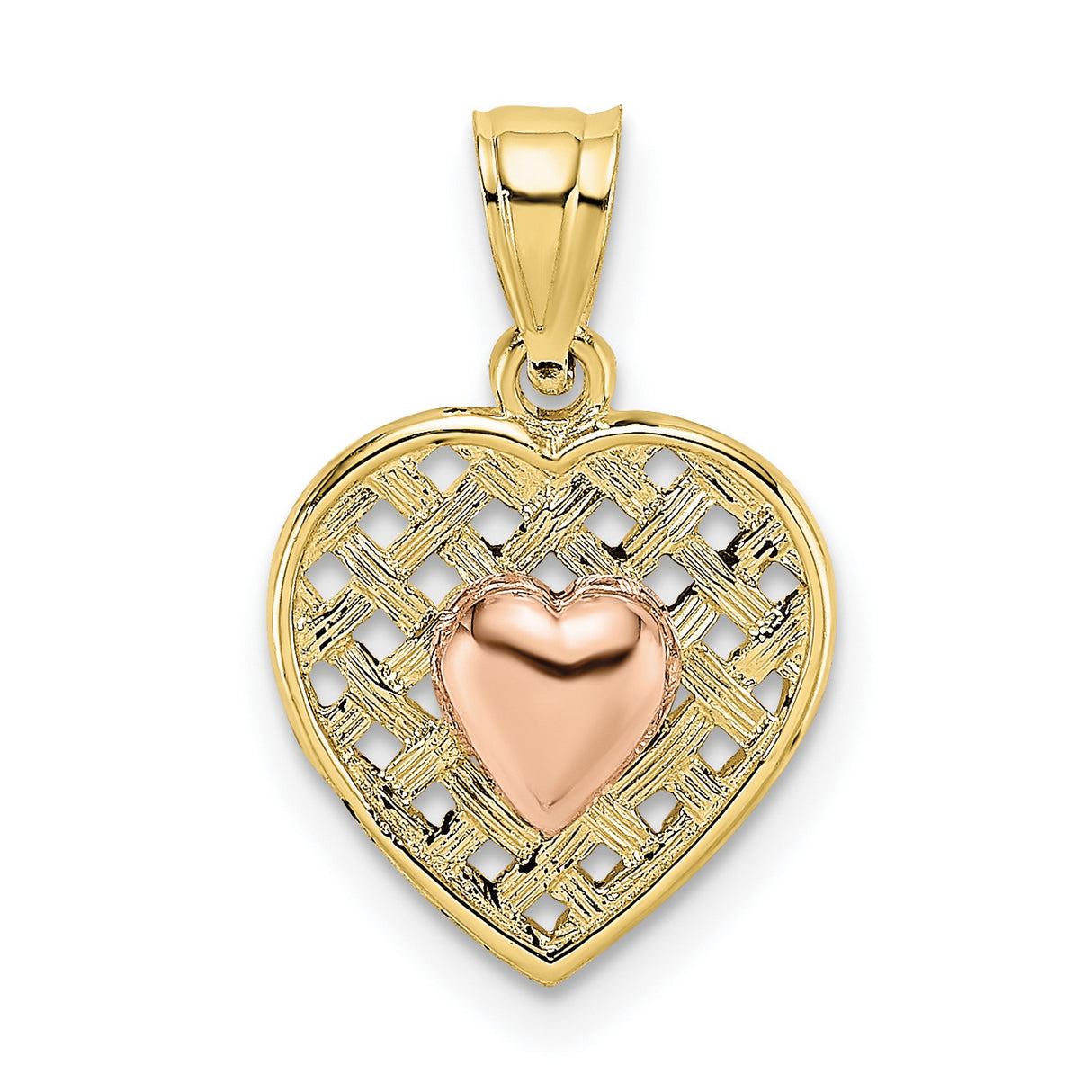 10k Two-Tone Gold Heart Pendant with Rose Gold Center and Yellow Gold Lattice Frame