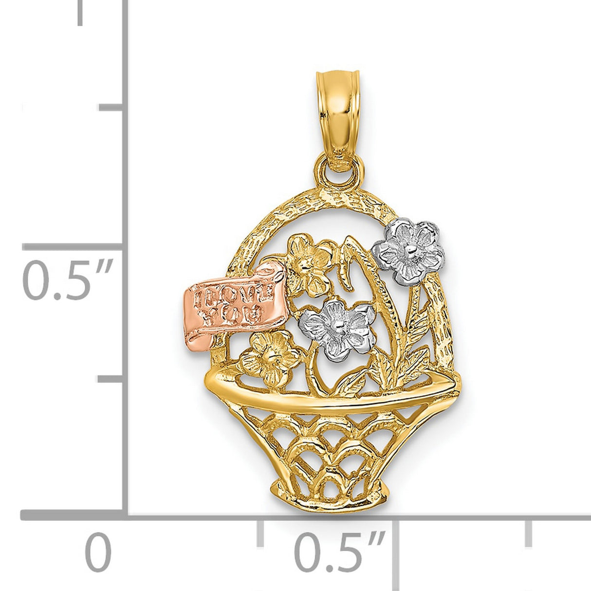 10k Two-Tone Gold Flower Basket Pendant with Love You Message, Romantic Charm for Women