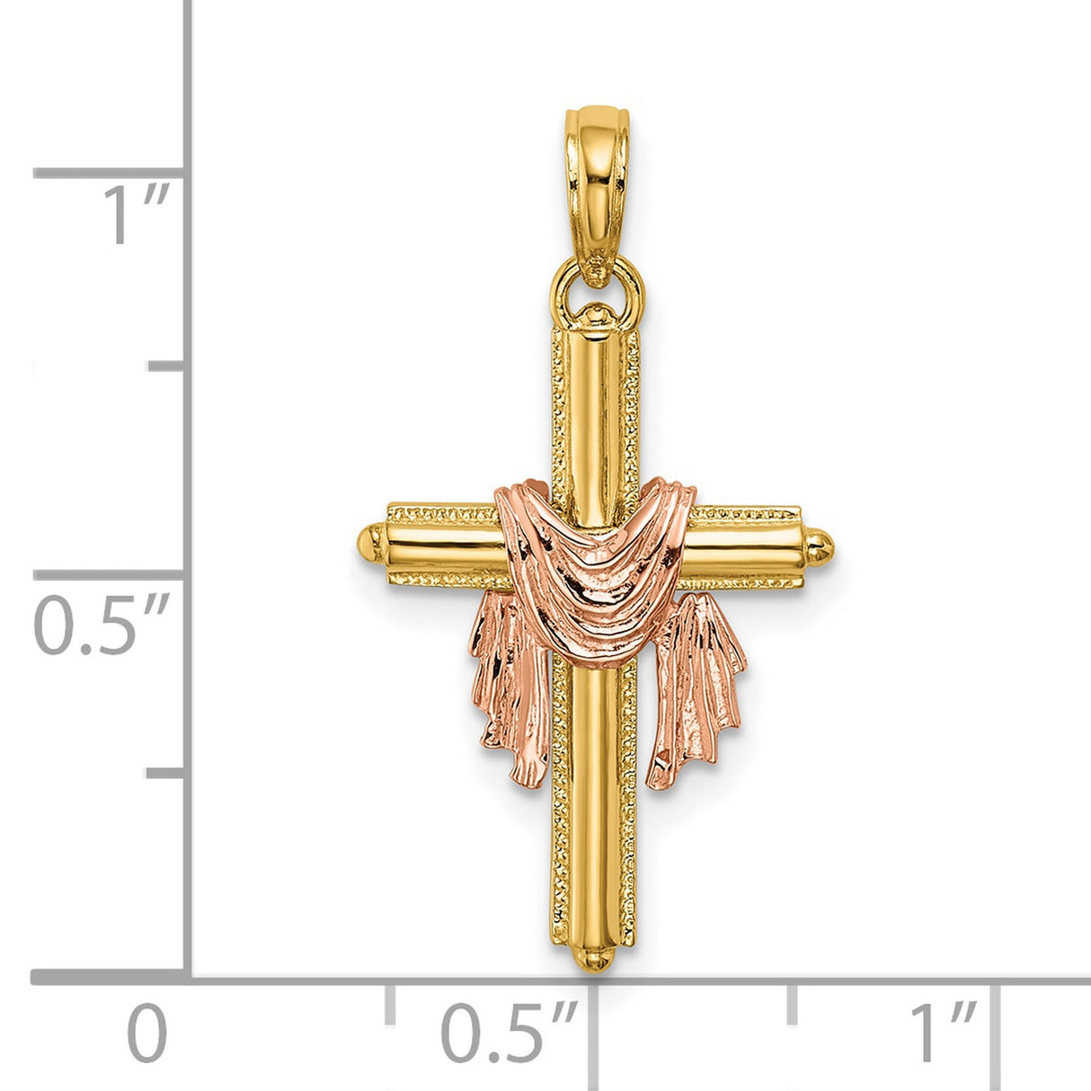 10k Multi-Tone Gold Cross Pendant with Draped Sash Detail and Milgrain Edges