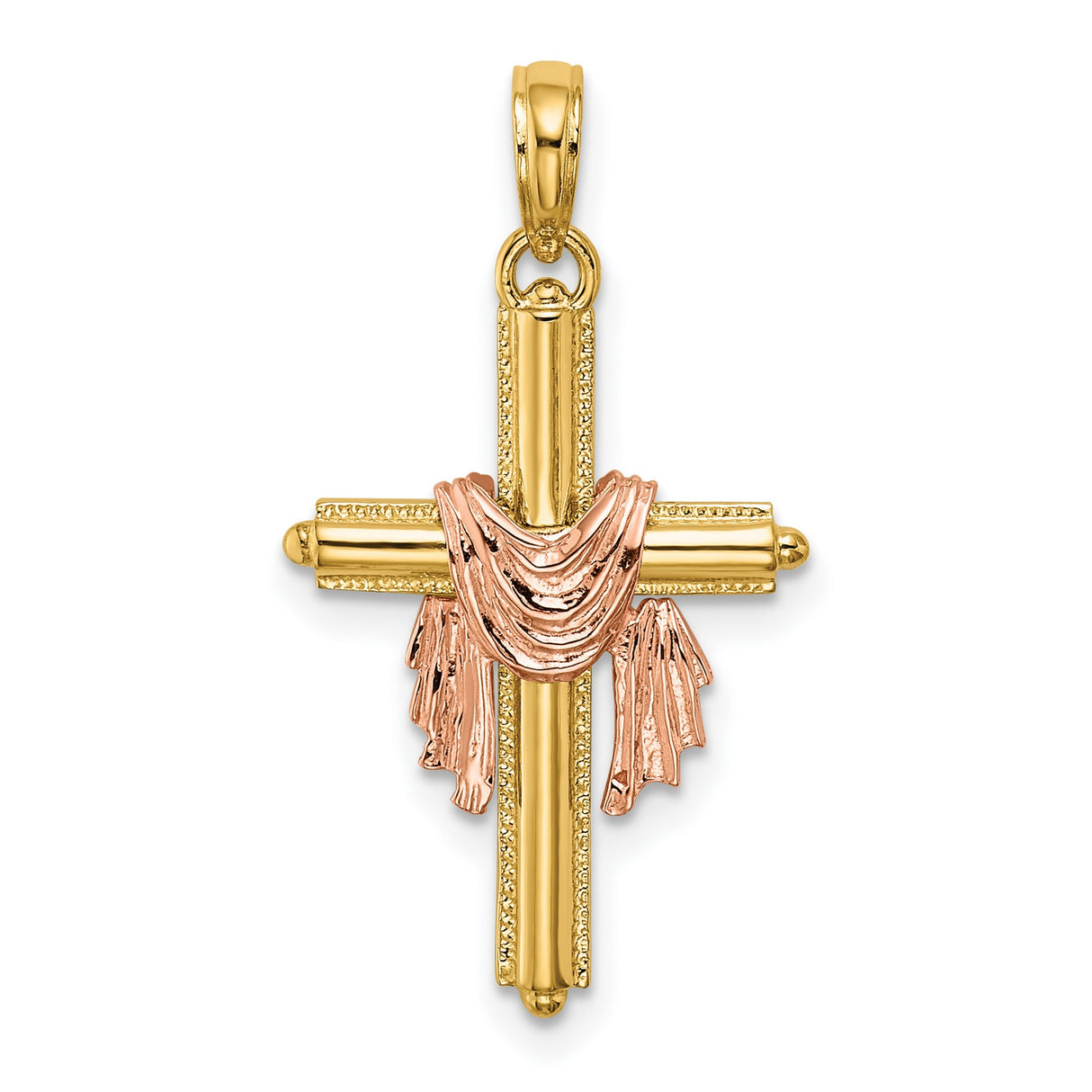 10k Multi-Tone Gold Cross Pendant with Draped Sash Detail and Milgrain Edges