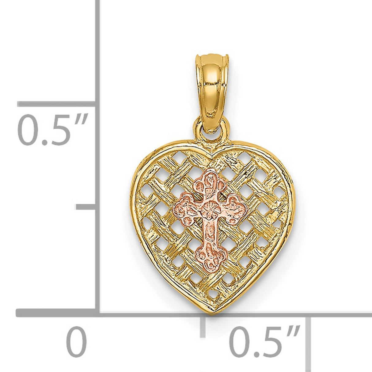 10k Two-Tone Gold Heart Pendant with Rose Gold Cross and Lattice Design