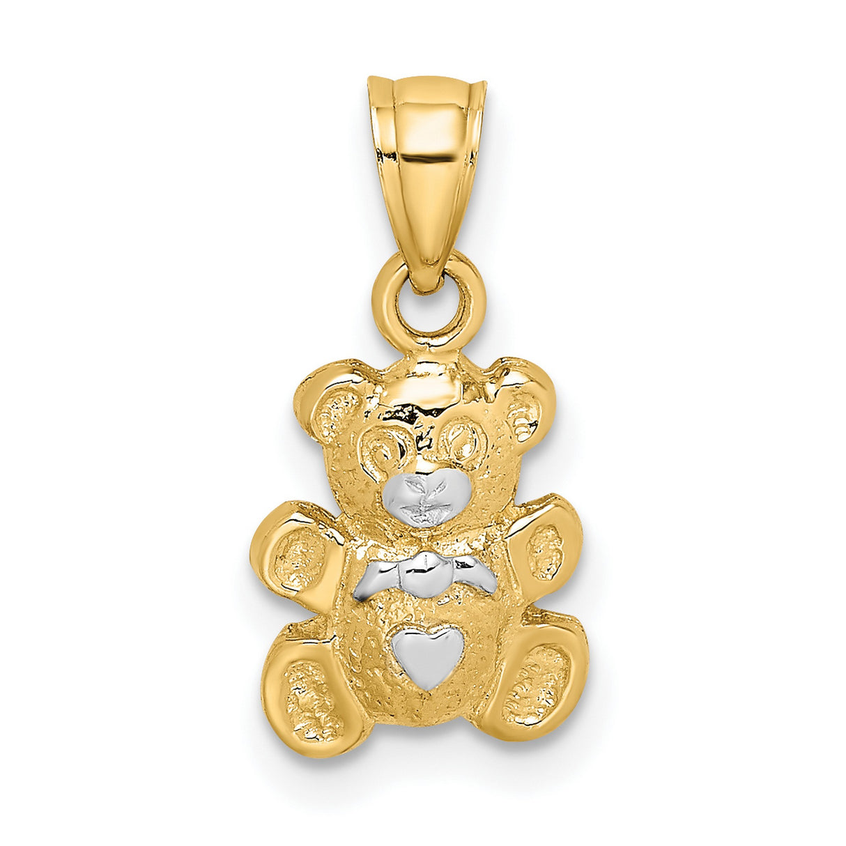 10k Multi-Tone Gold Bear Pendant with Heart and Bow Design, Rhodium Accents, Cute Teddy Charm