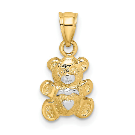 10k Multi-Tone Gold Bear Pendant with Heart and Bow Design, Rhodium Accents, Cute Teddy Charm