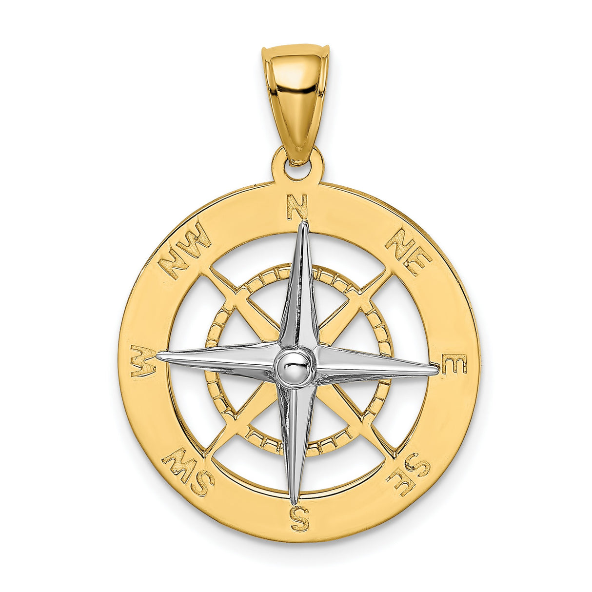 10k Multi-Tone Gold Compass Pendant with North Star, Nautical Travel Charm