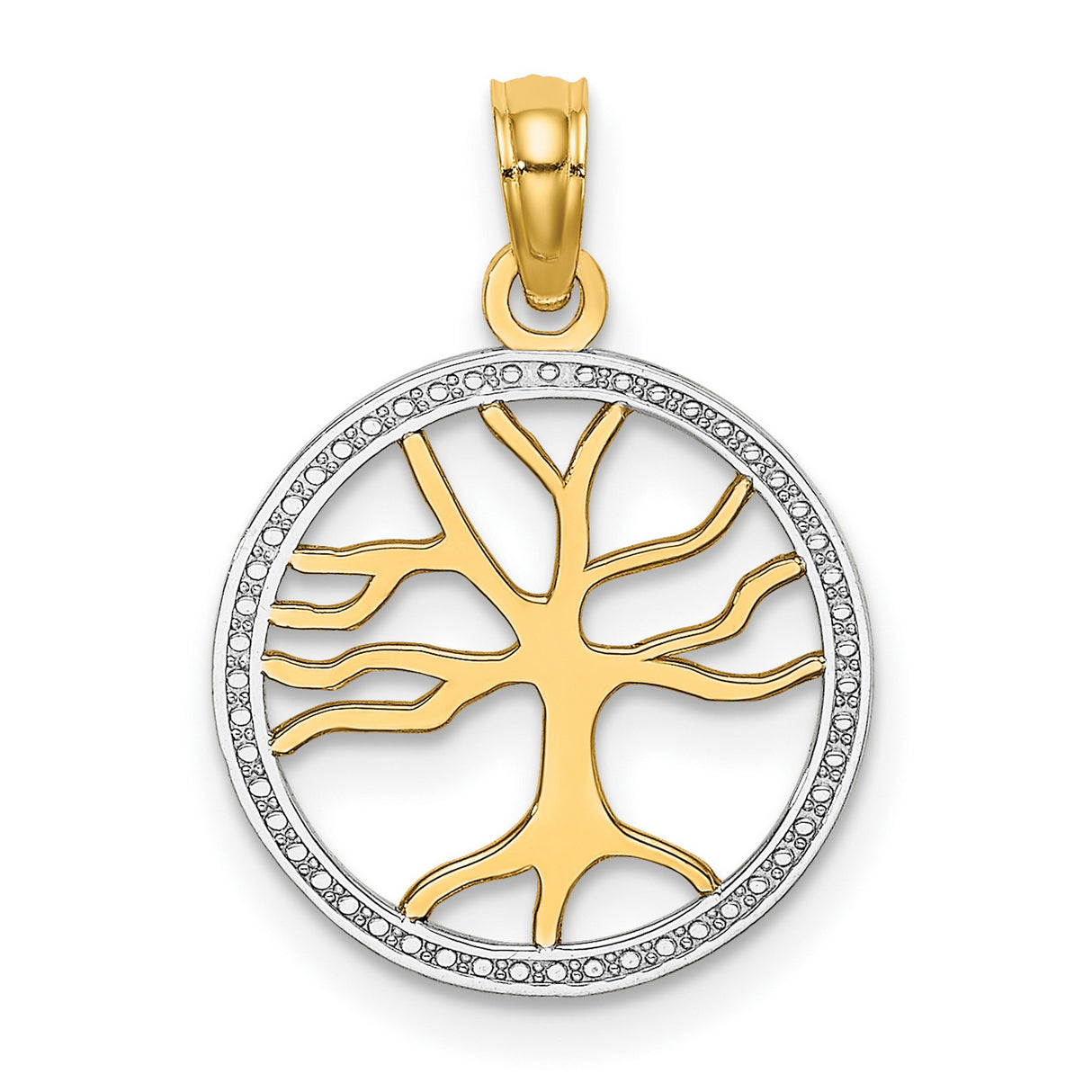 10k Multi-Tone Gold Tree of Life Pendant with Rhodium Detail, Round Cutout Design for Women