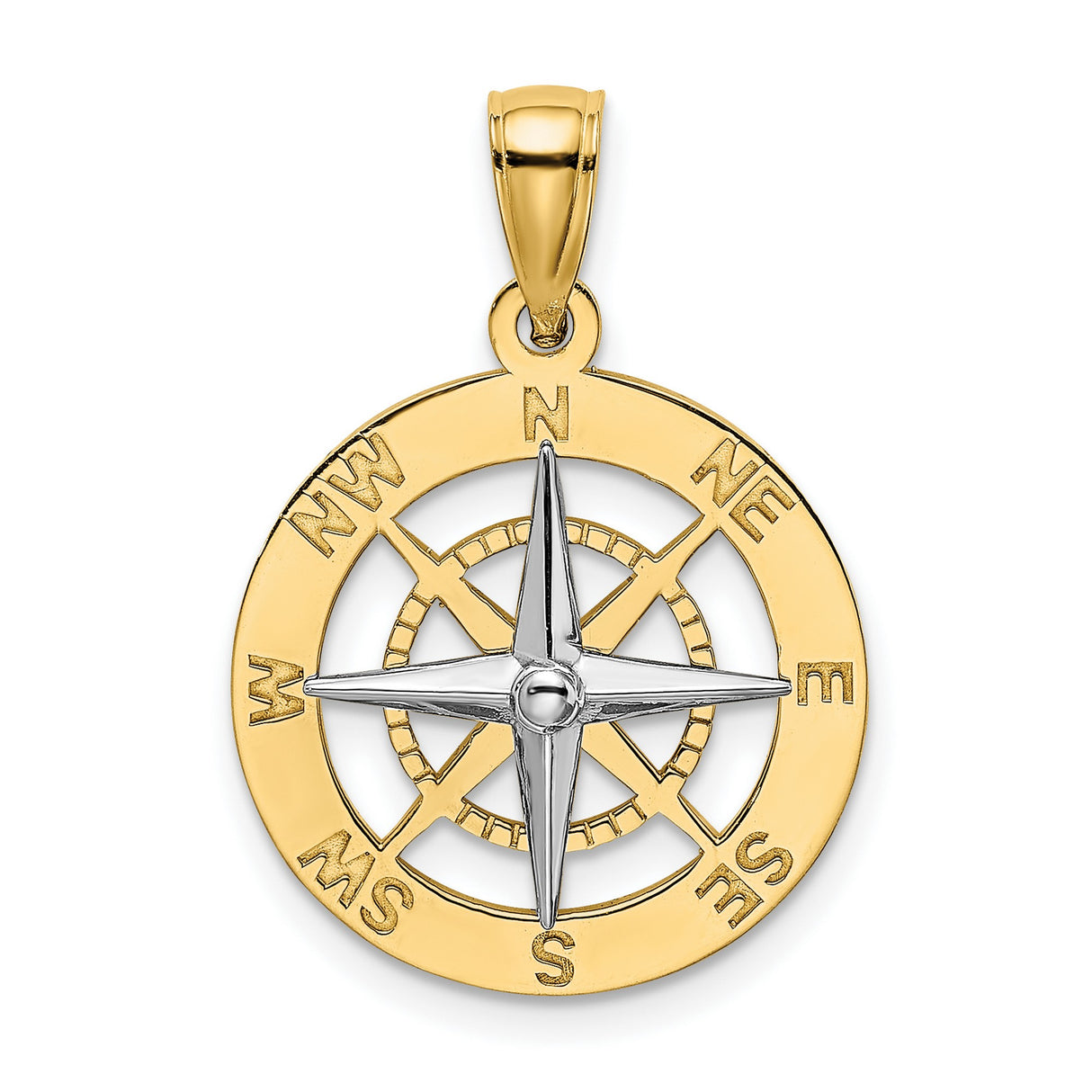 10k Multi-Tone Gold Compass Pendant, Nautical Star Medallion, Explorer Jewelry for Men or Unisex
