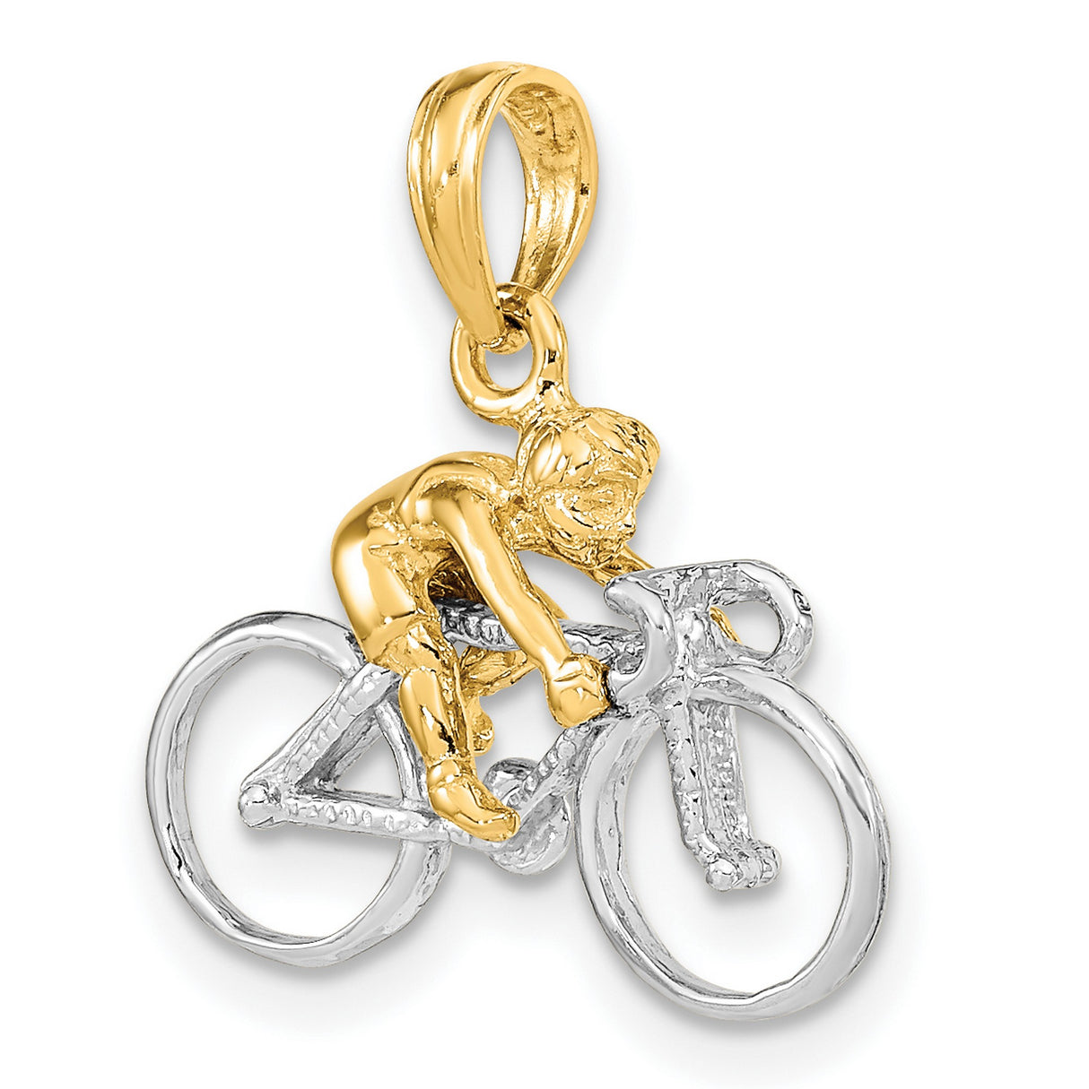 10k Yellow Gold and Rhodium Cyclist Pendant with Racing Bike and Rider Design