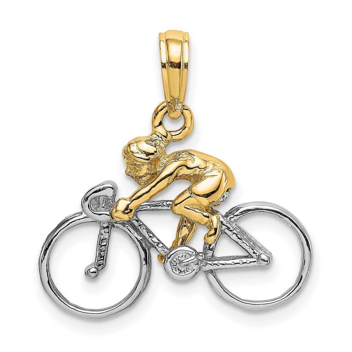 10k Yellow Gold and Rhodium Cyclist Pendant with Racing Bike and Rider Design