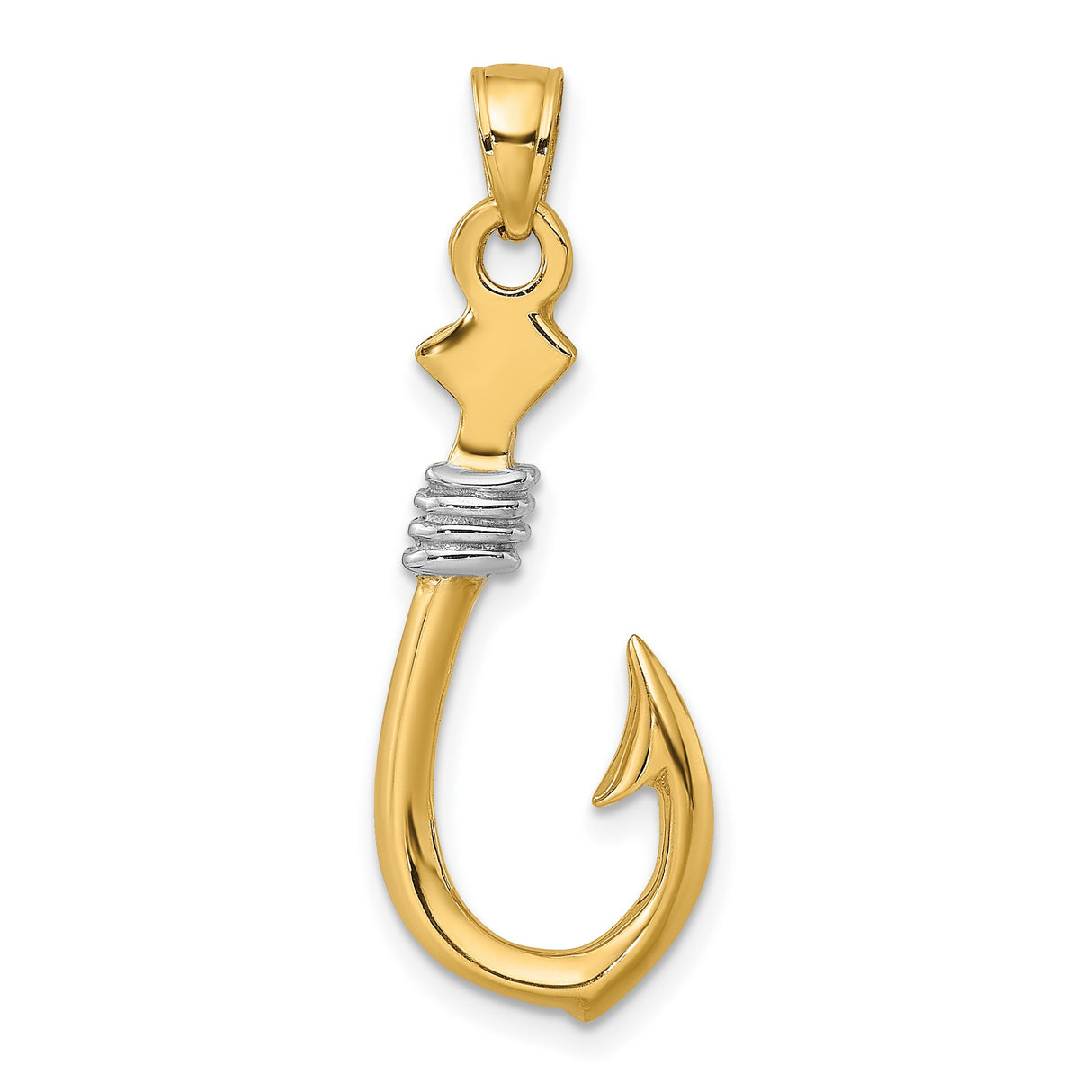 10k Multi-Tone Gold Fish Hook Pendant with Rhodium Accents, Nautical Hawaiian Polynesian Style