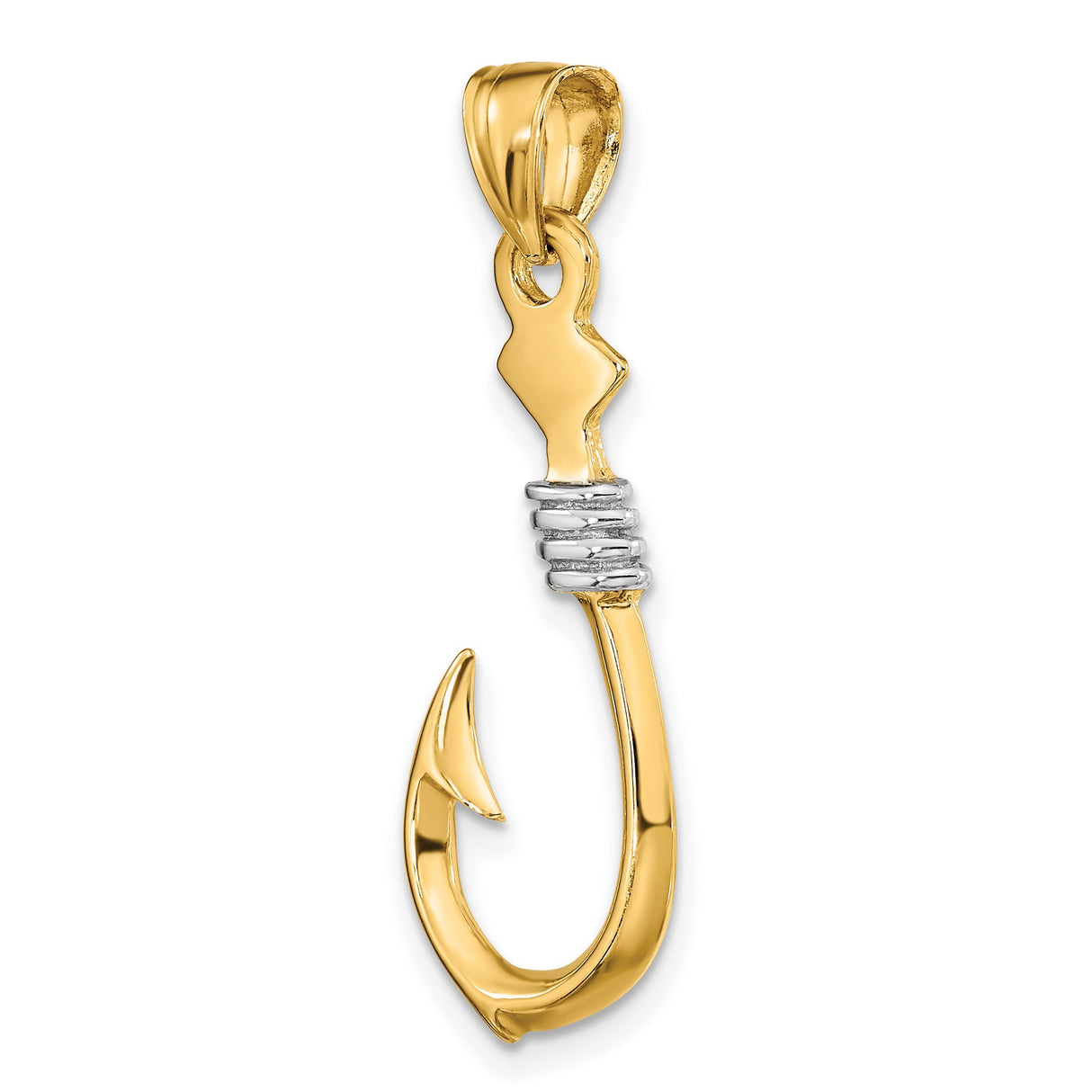 10k Multi-Tone Gold Fish Hook Pendant with Rhodium Accents, Nautical Hawaiian Polynesian Style
