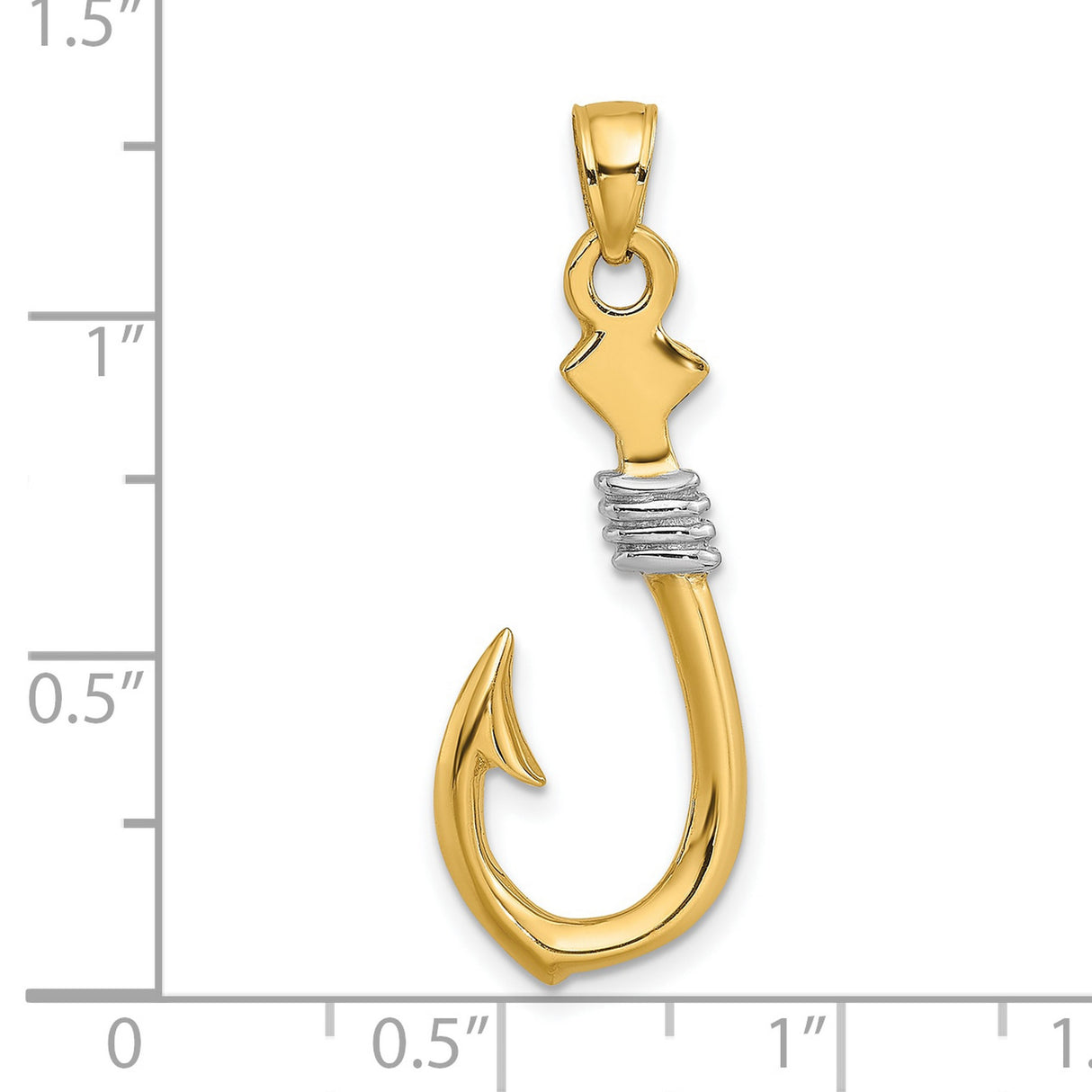 10k Multi-Tone Gold Fish Hook Pendant with Rhodium Accents, Nautical Hawaiian Polynesian Style