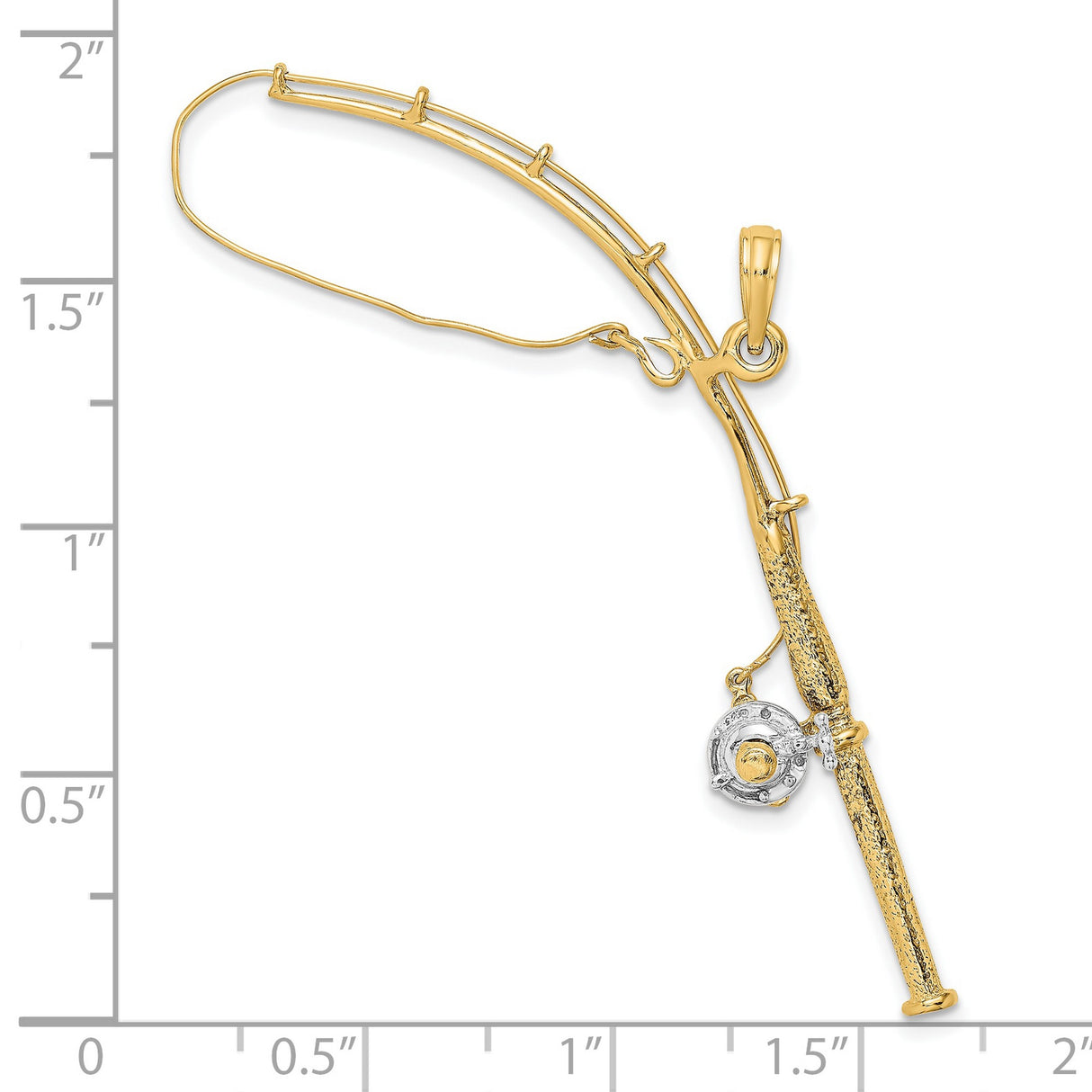 10k Multi-Tone Gold Fishing Pole Pendant with Moveable Reel, Outdoor Theme for Men or Unisex Wear