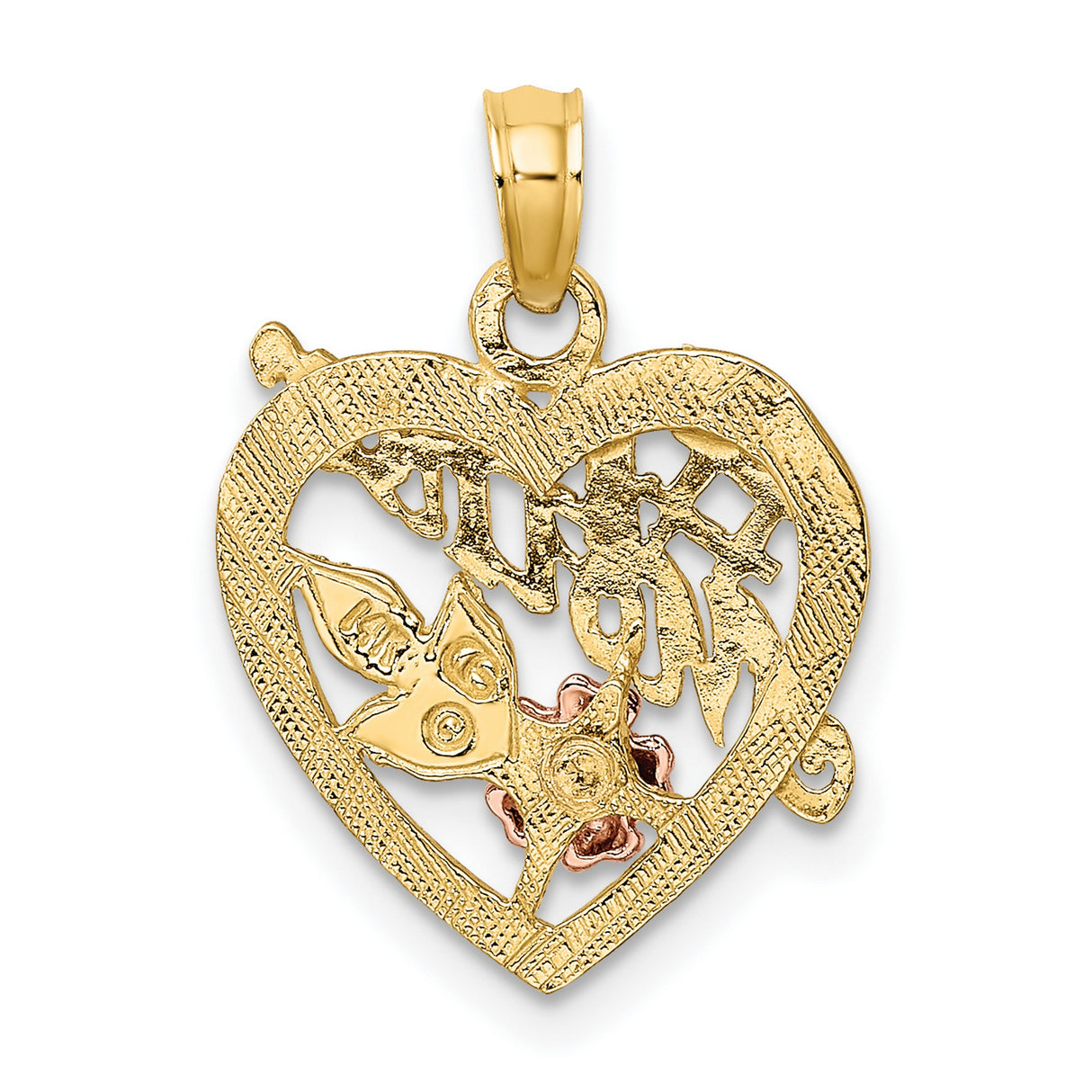 10k Two-Tone Gold Heart Pendant with Rose Gold Flower, Green Leaves, Silver Cross