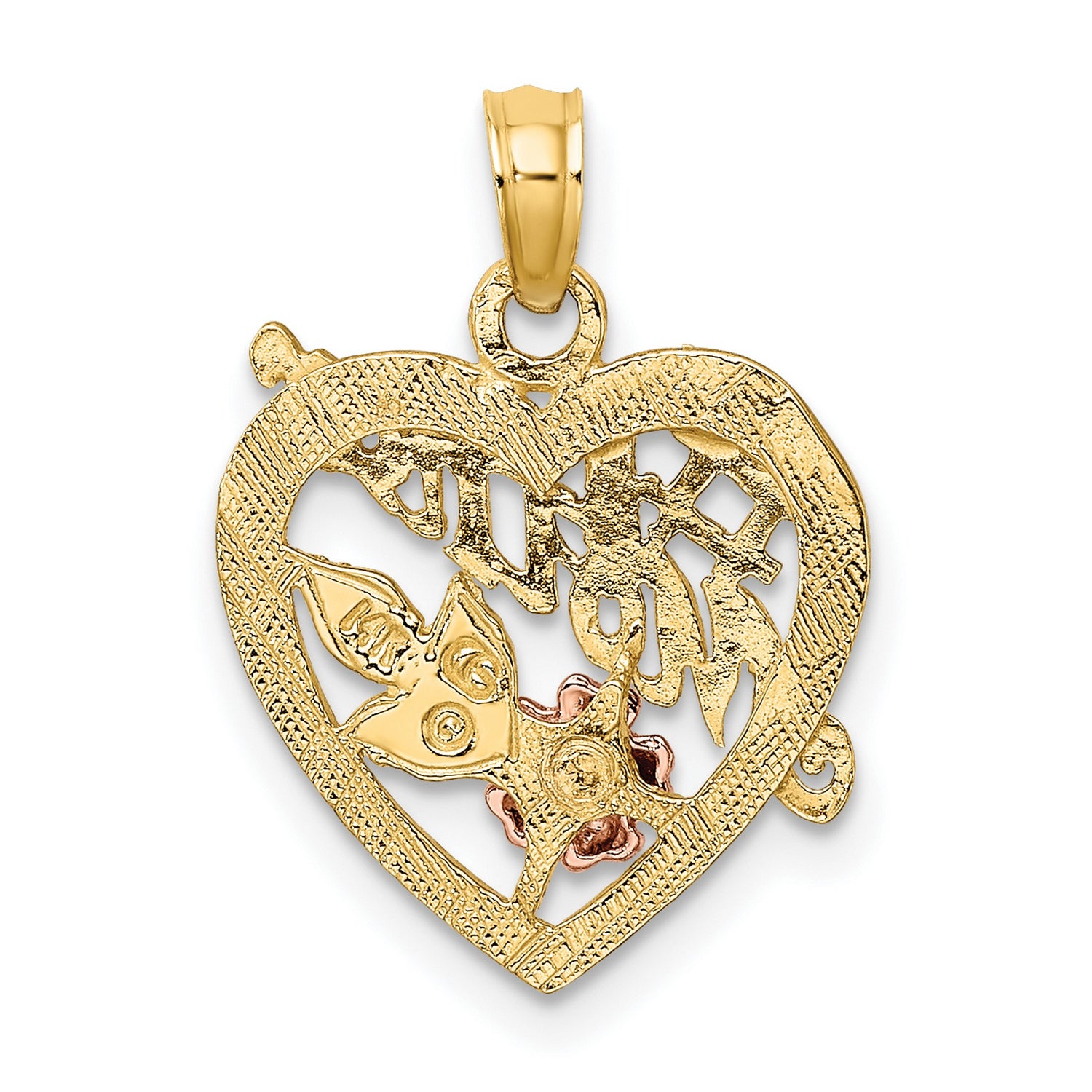 10k Two-Tone Gold Heart Pendant with Rose Gold Flower, Green Leaves, Silver Cross