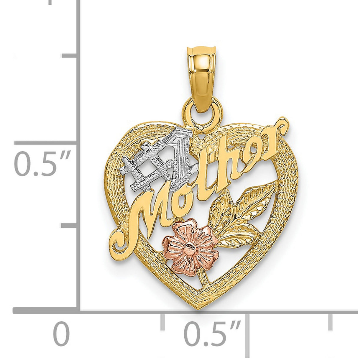10k Two-Tone Gold Heart Pendant with Rose Gold Flower, Green Leaves, Silver Cross