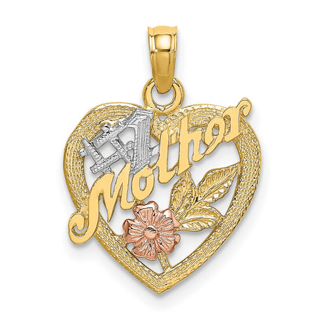 10k Two-Tone Gold Heart Pendant with Rose Gold Flower, Green Leaves, Silver Cross