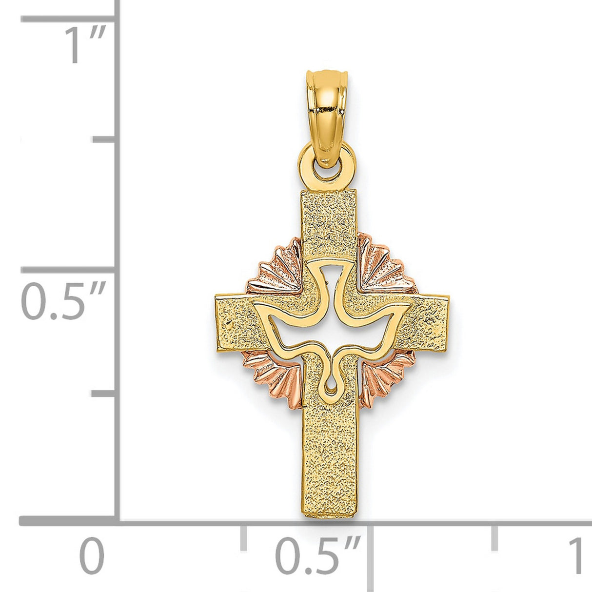 10k Multi-Tone Gold Cross Pendant with Dove, Satin Finish, Textured Faith Charm