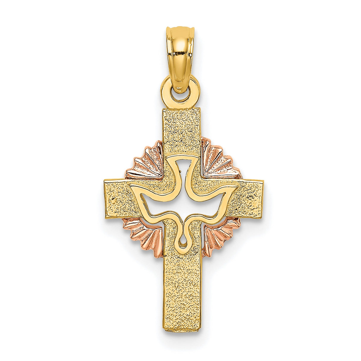 10k Multi-Tone Gold Cross Pendant with Dove, Satin Finish, Textured Faith Charm
