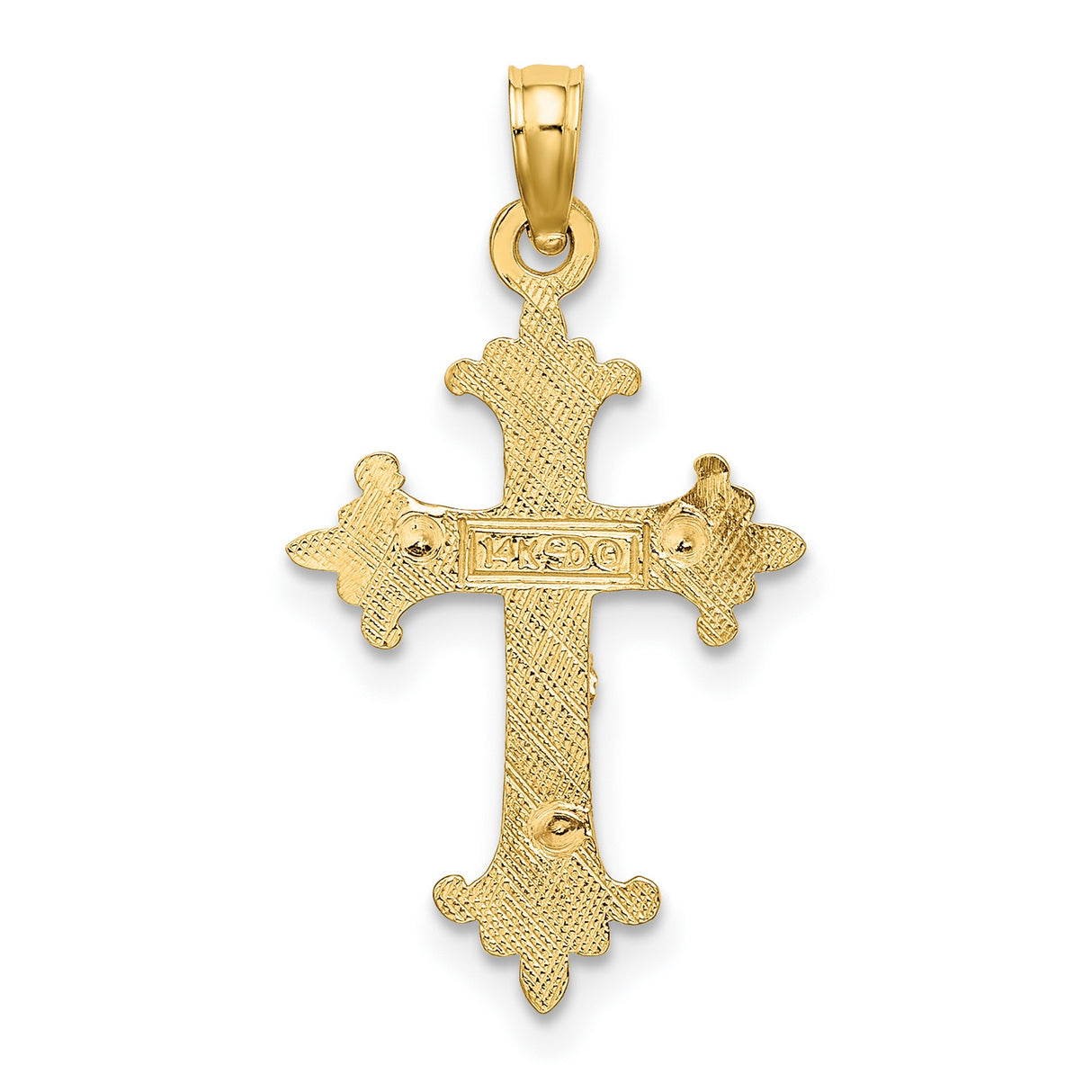 10k Multi-Tone Gold Crucifix Pendant with High Relief Jesus and Fleur-de-Lis Cross Design