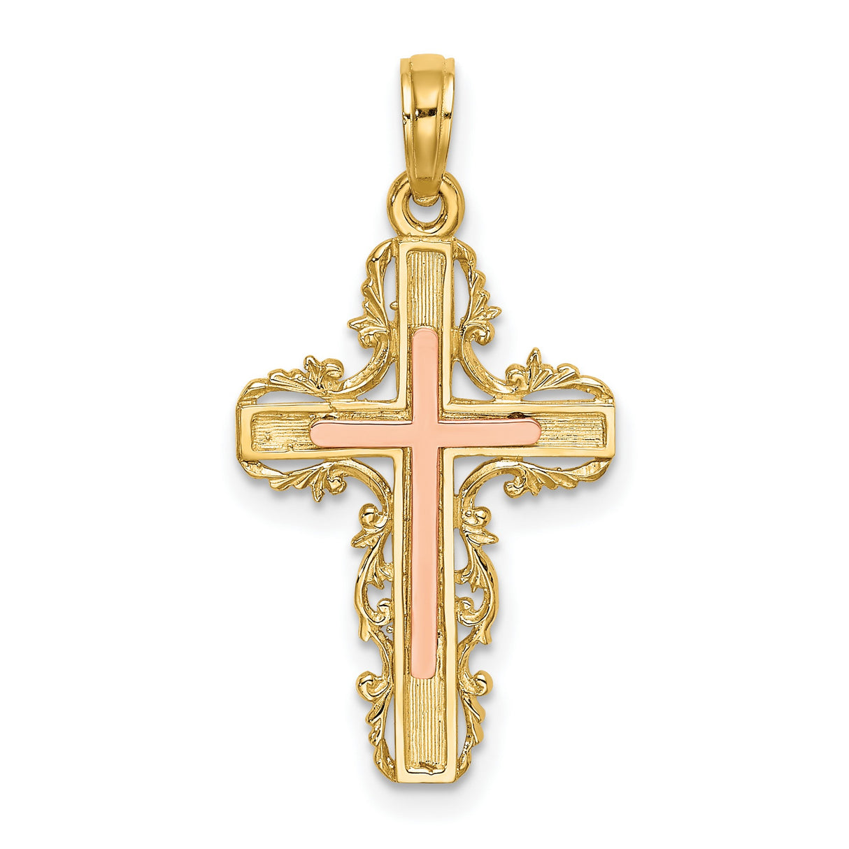 10k Two-Tone Gold Cross Pendant with Scroll Design, Vintage Religious Style