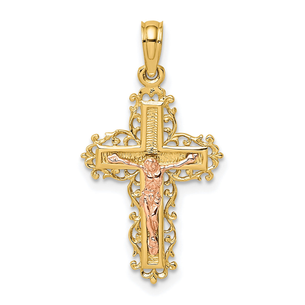 10k Two-Tone Gold Crucifix Cross Pendant with Filigree Design and Sculpted Christ Figure