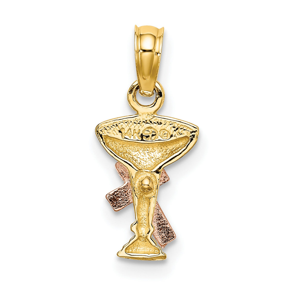 10k Two-Tone Gold Cross Pendant with Chalice Charm, Textured Religious Design