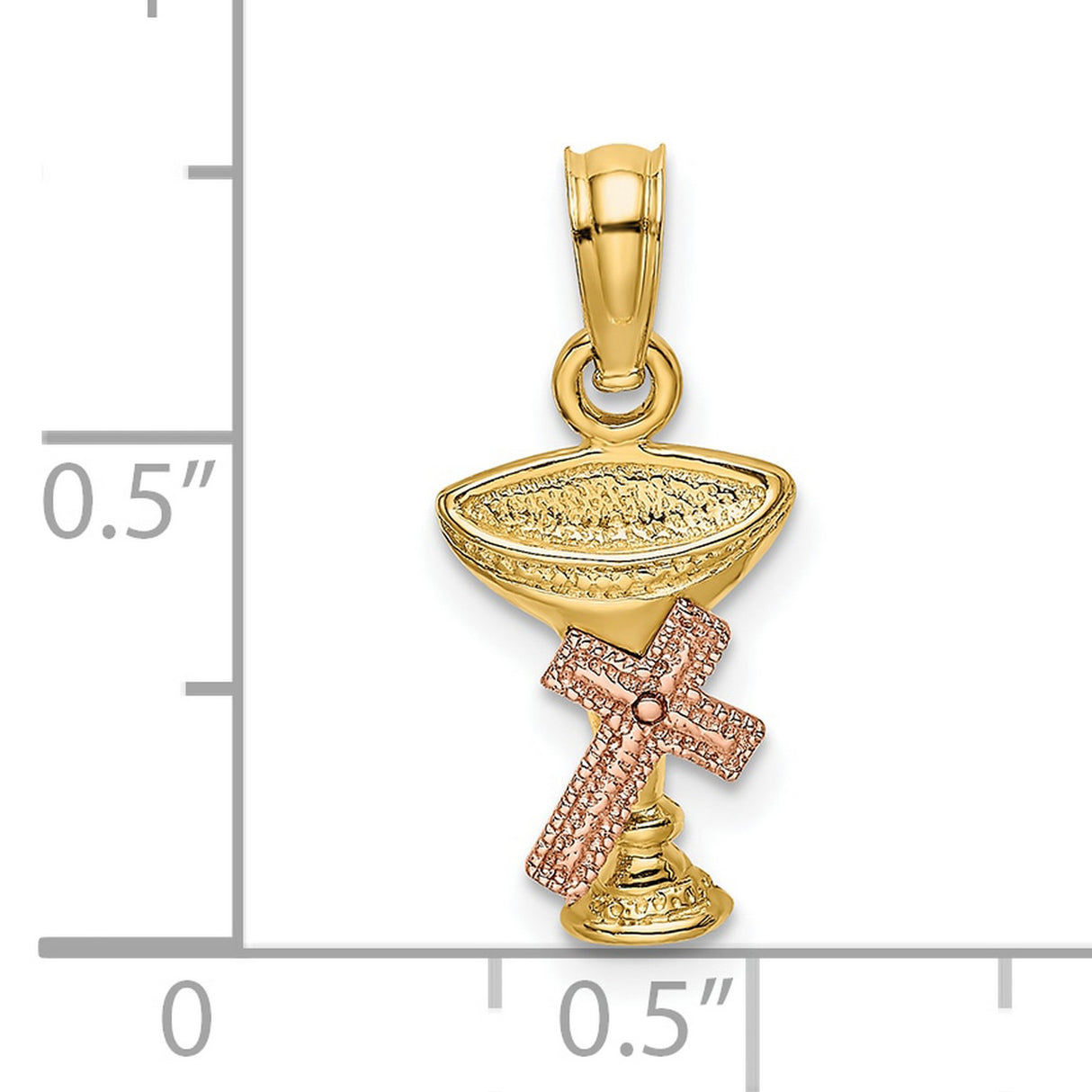 10k Two-Tone Gold Cross Pendant with Chalice Charm, Textured Religious Design