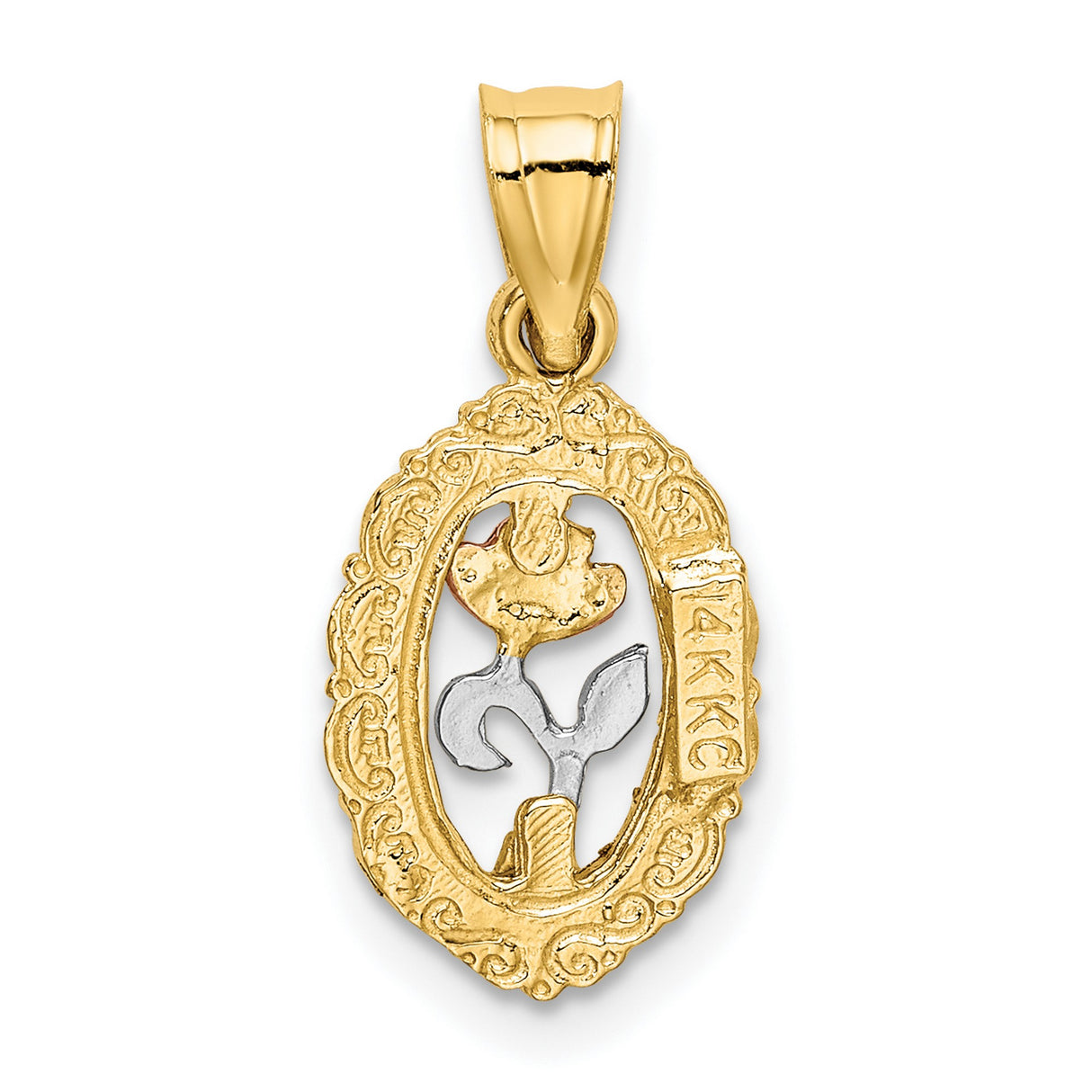 10k Two-Tone Gold Floral Pendant with Rose and White Flower in Oval Frame