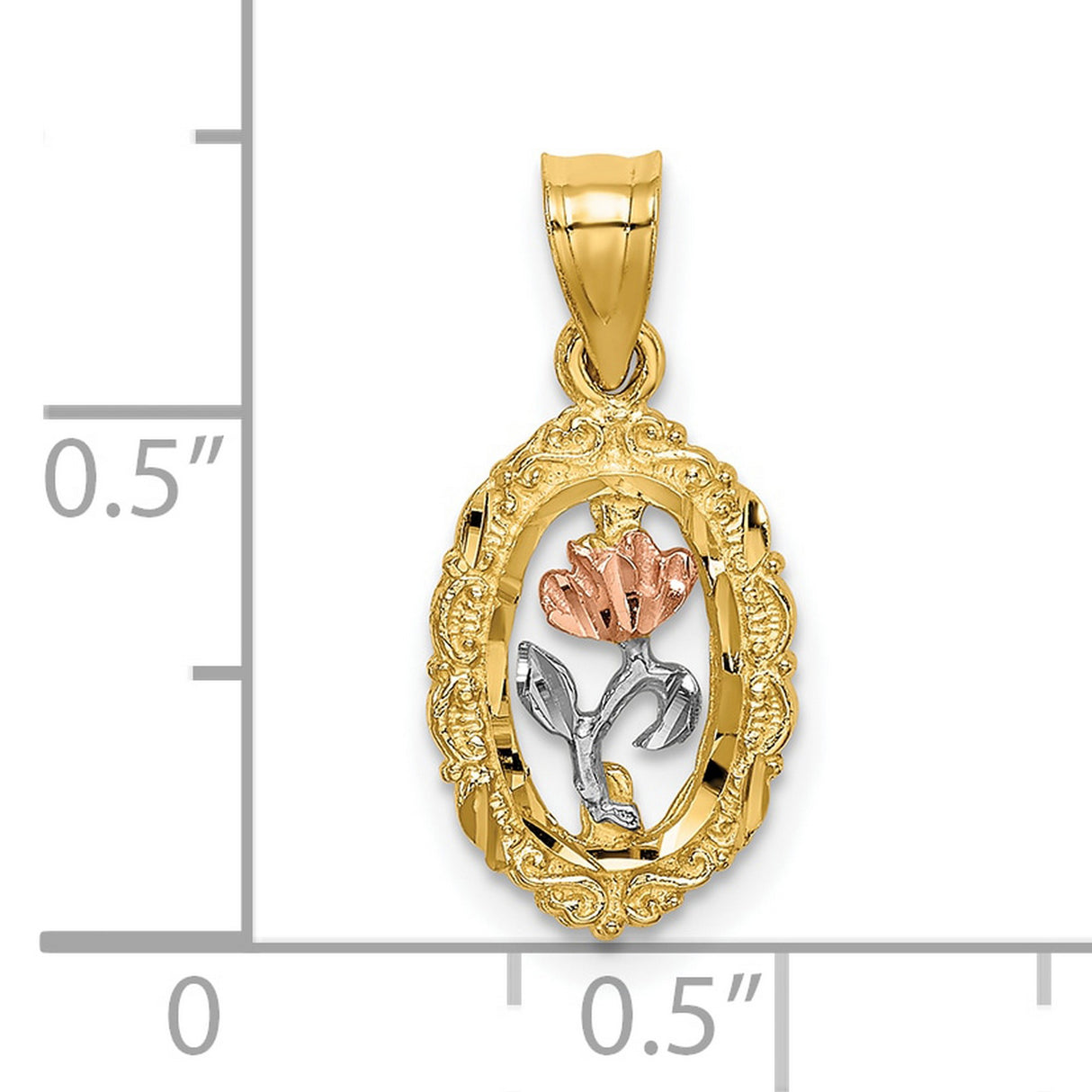 10k Two-Tone Gold Floral Pendant with Rose and White Flower in Oval Frame