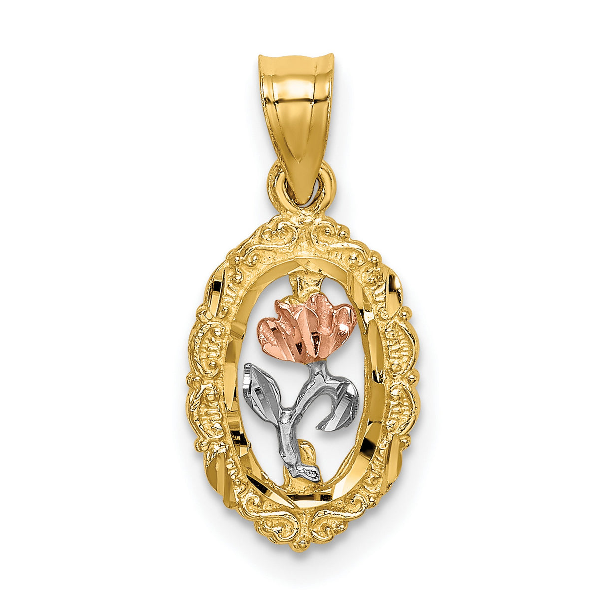10k Two-Tone Gold Floral Pendant with Rose and White Flower in Oval Frame