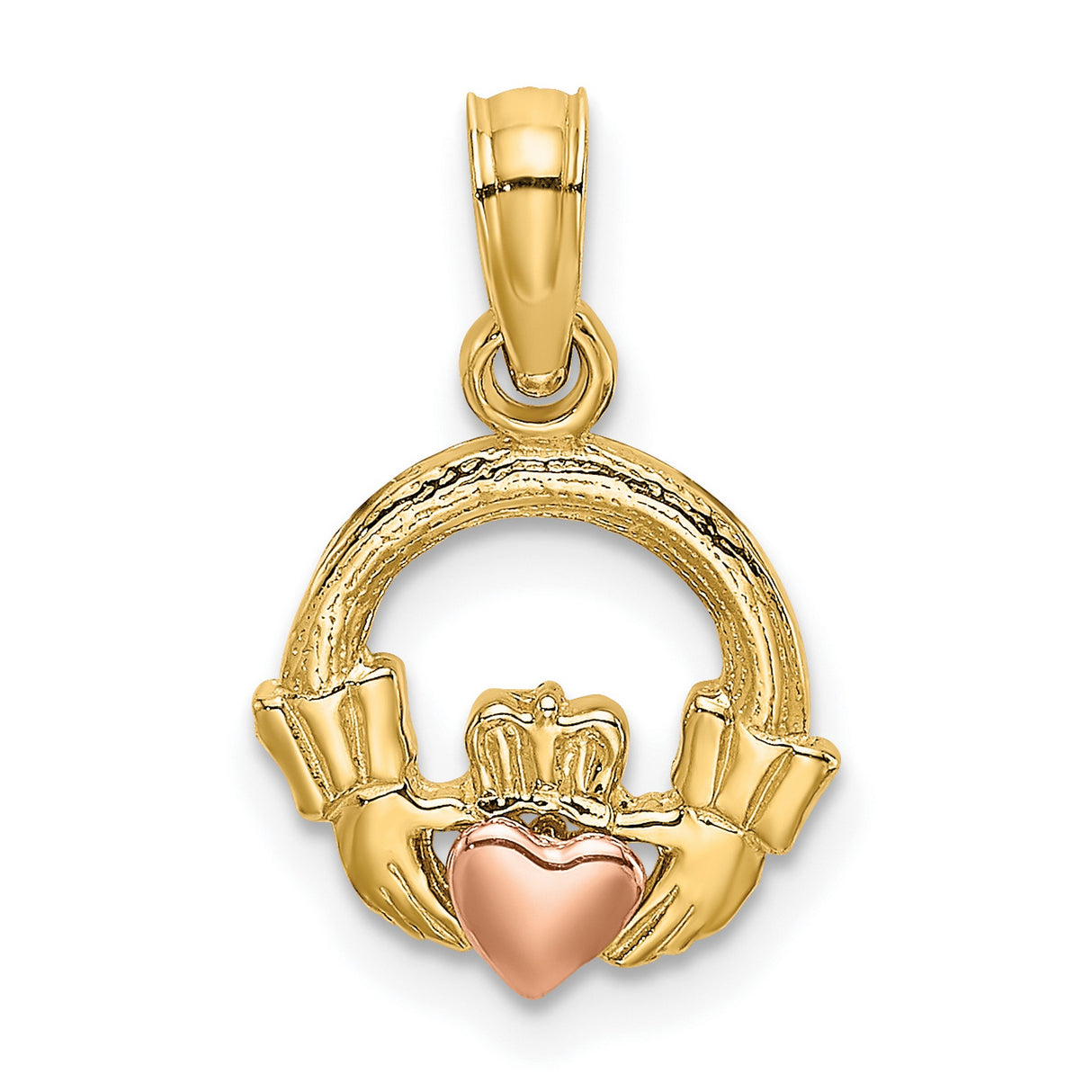 10k Two-Tone Gold Claddagh Pendant with Crowned Heart and Hands Symbolizing Love and Loyalty