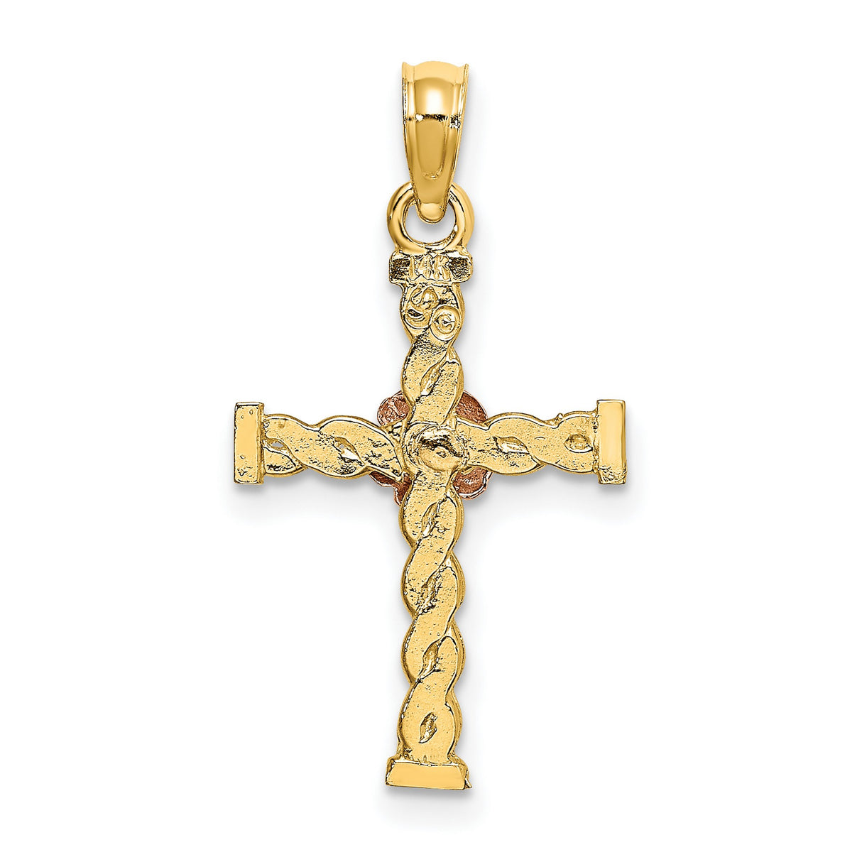 10k Multi-Tone Gold Cross Pendant with Twisted Rope and Floral Detail