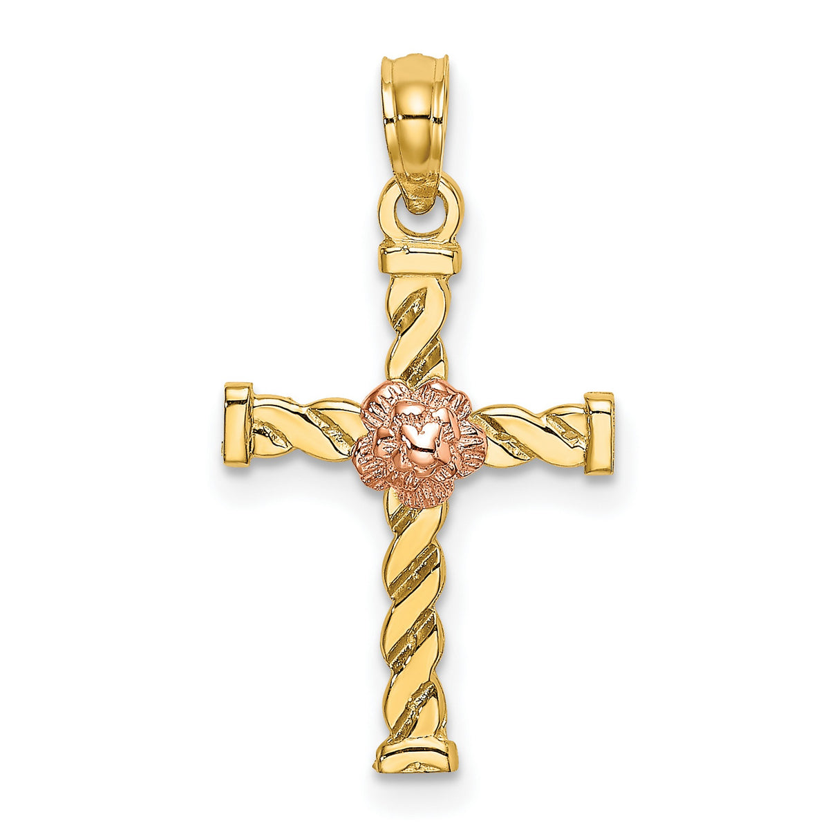 10k Multi-Tone Gold Cross Pendant with Twisted Rope and Floral Detail
