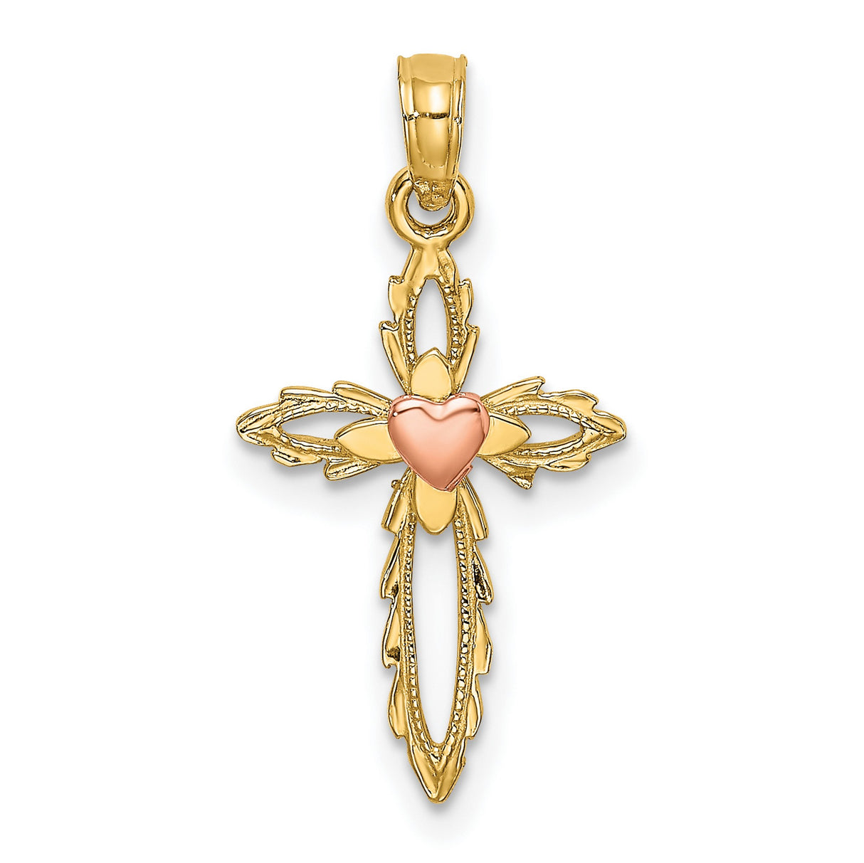 10k Two-Tone Gold Cross Pendant with Openwork Design and Milgrain Edges