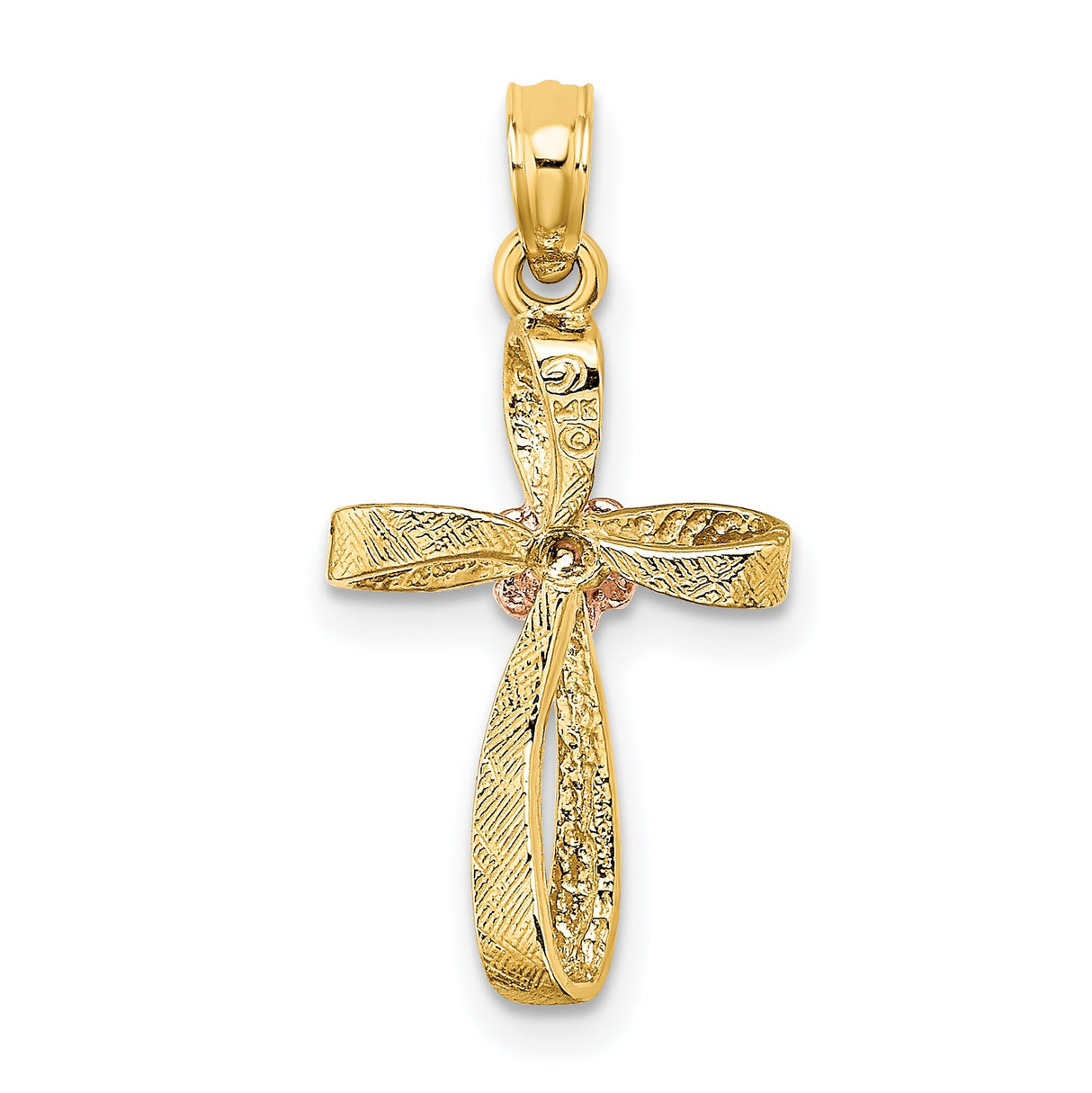 10k Two-Tone Gold Cross Pendant with Twisted Design and Rose Floral Heart Accent