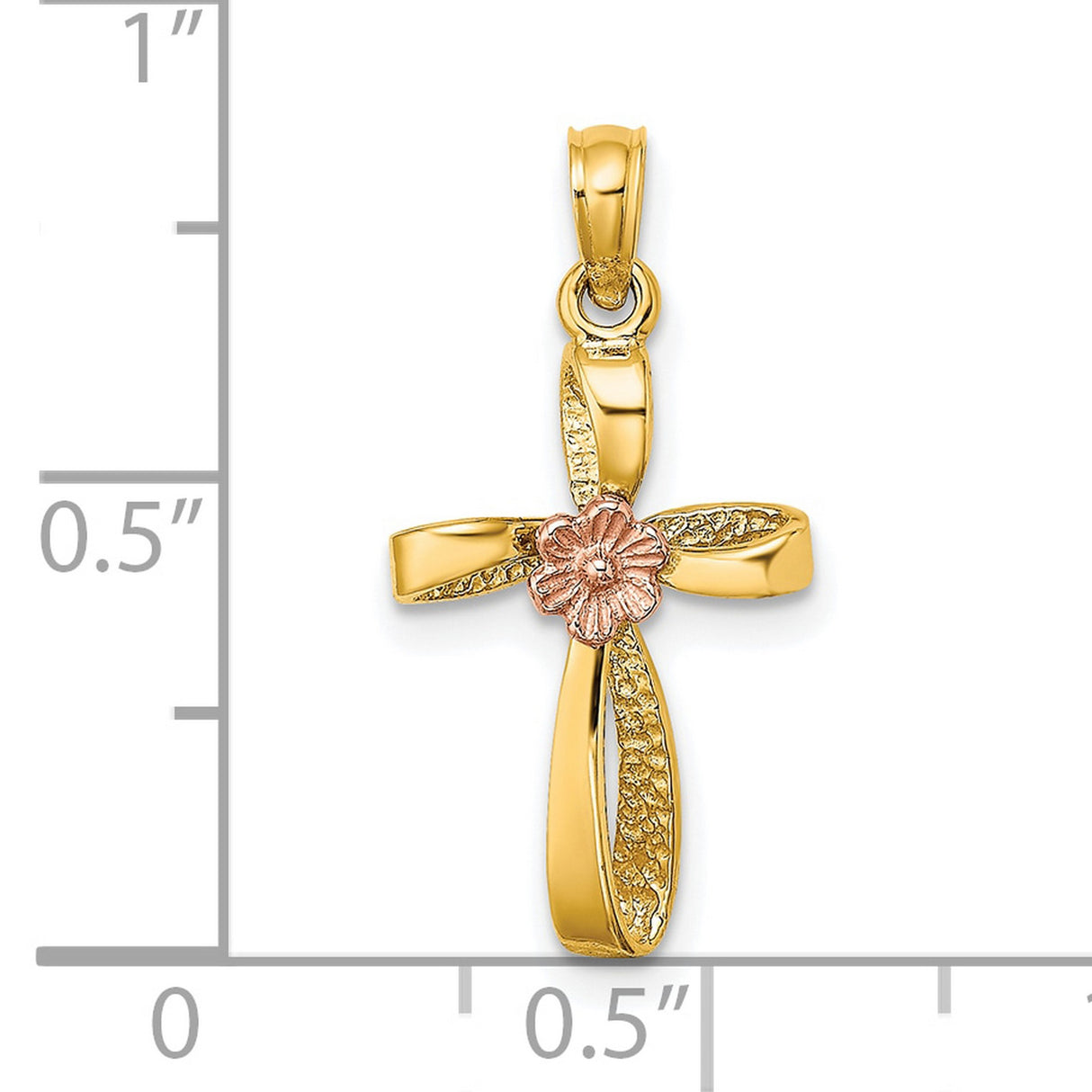 10k Two-Tone Gold Cross Pendant with Twisted Design and Rose Floral Heart Accent