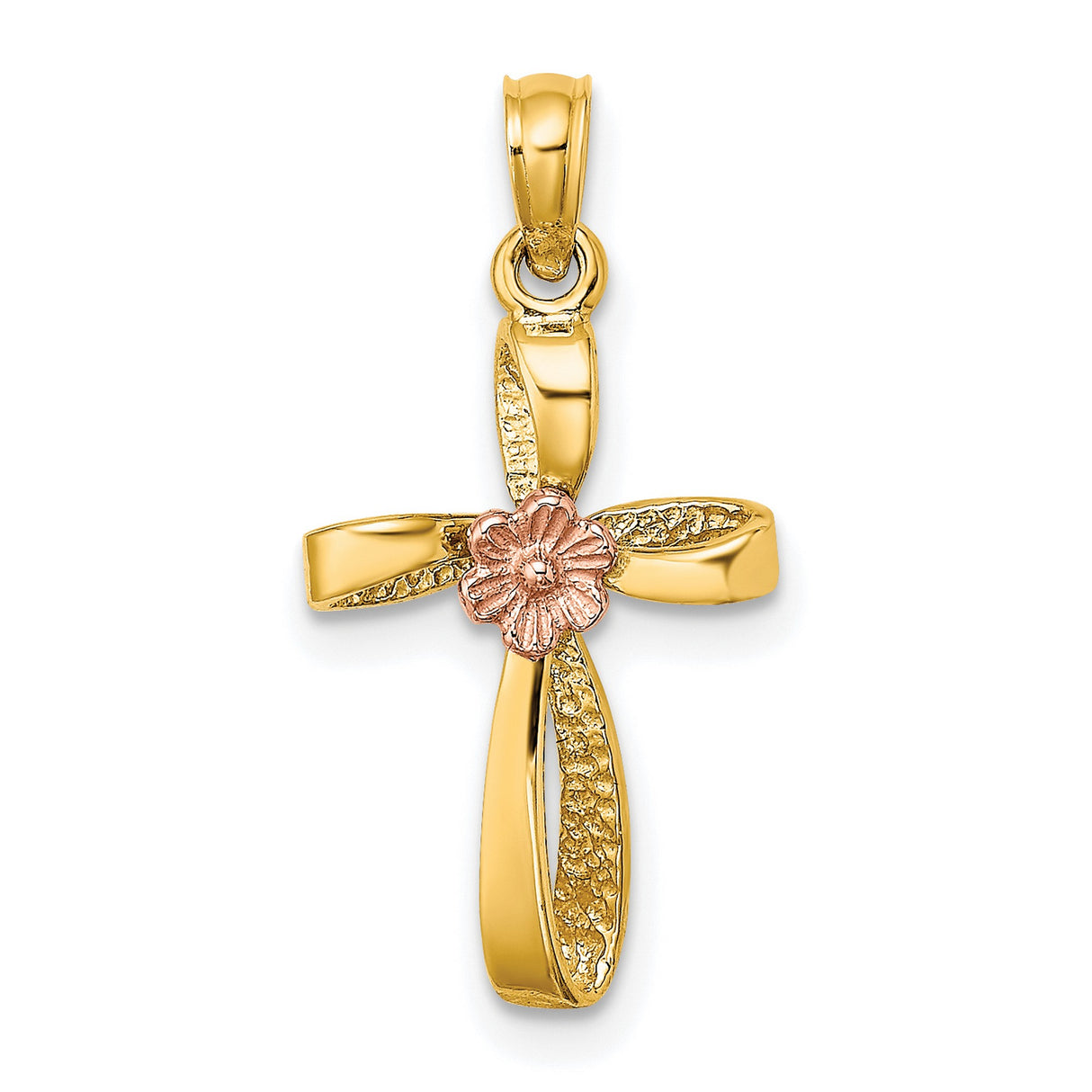 10k Two-Tone Gold Cross Pendant with Twisted Design and Rose Floral Heart Accent