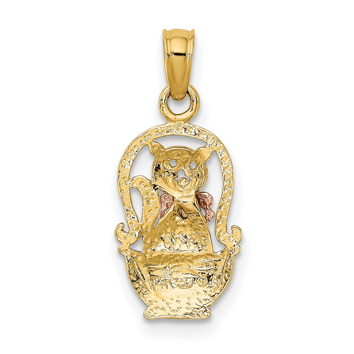10k Two-Tone Gold Cat Pendant with Rose Gold Bow in Woven Basket Design