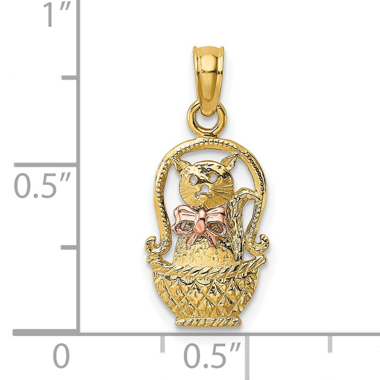 10k Two-Tone Gold Cat Pendant with Rose Gold Bow in Woven Basket Design