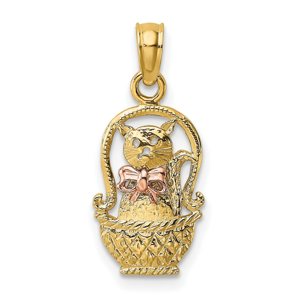 10k Two-Tone Gold Cat Pendant with Rose Gold Bow in Woven Basket Design
