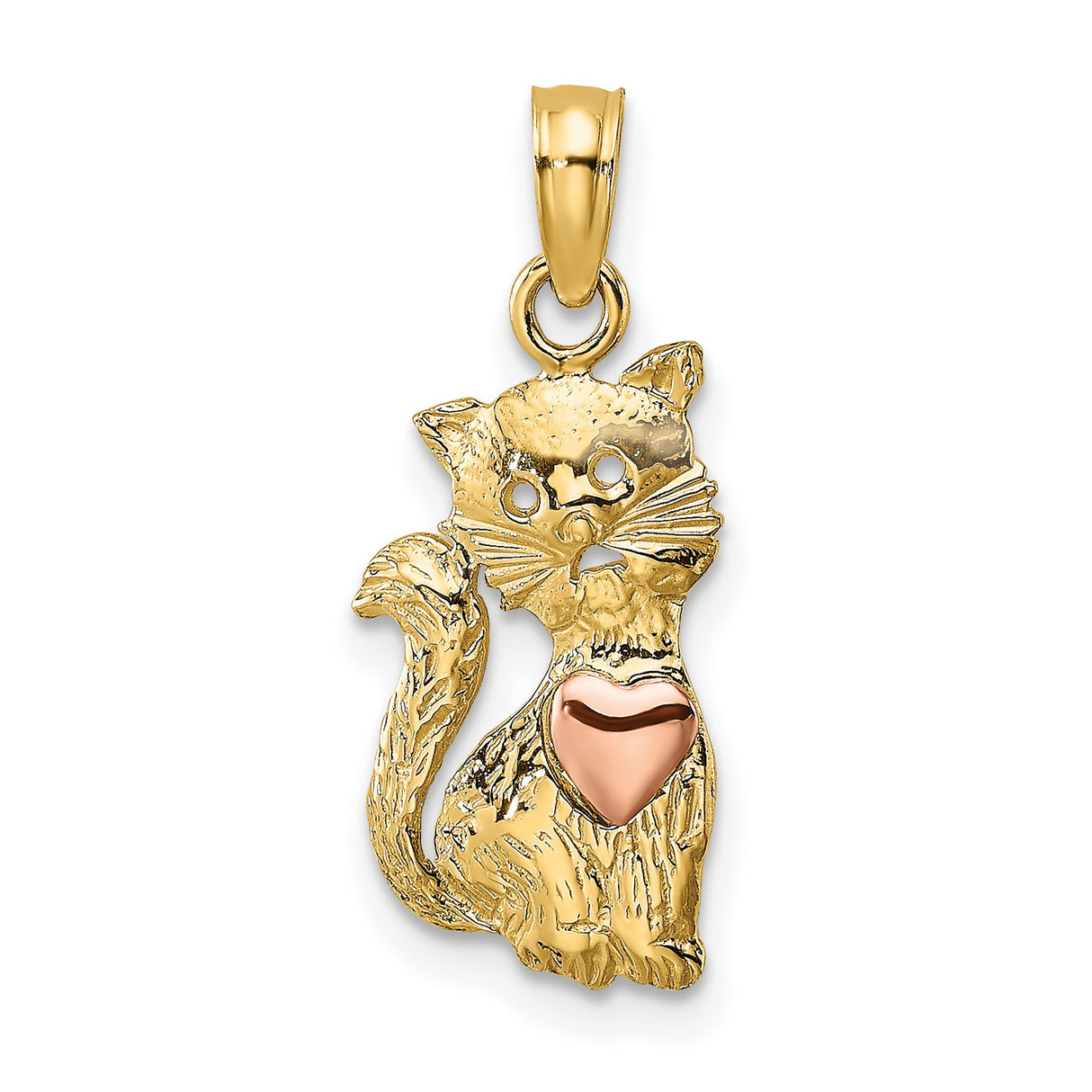 10k Two-Tone Gold Cat Pendant with Rose Gold Heart Accent, Animal Theme Jewelry for Women