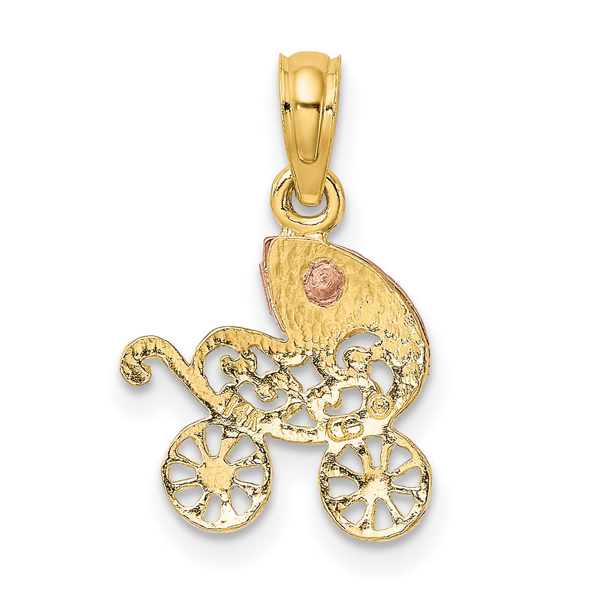 10k Two-Tone Gold Baby Carriage Pendant with Scrollwork Rose Gold Accents