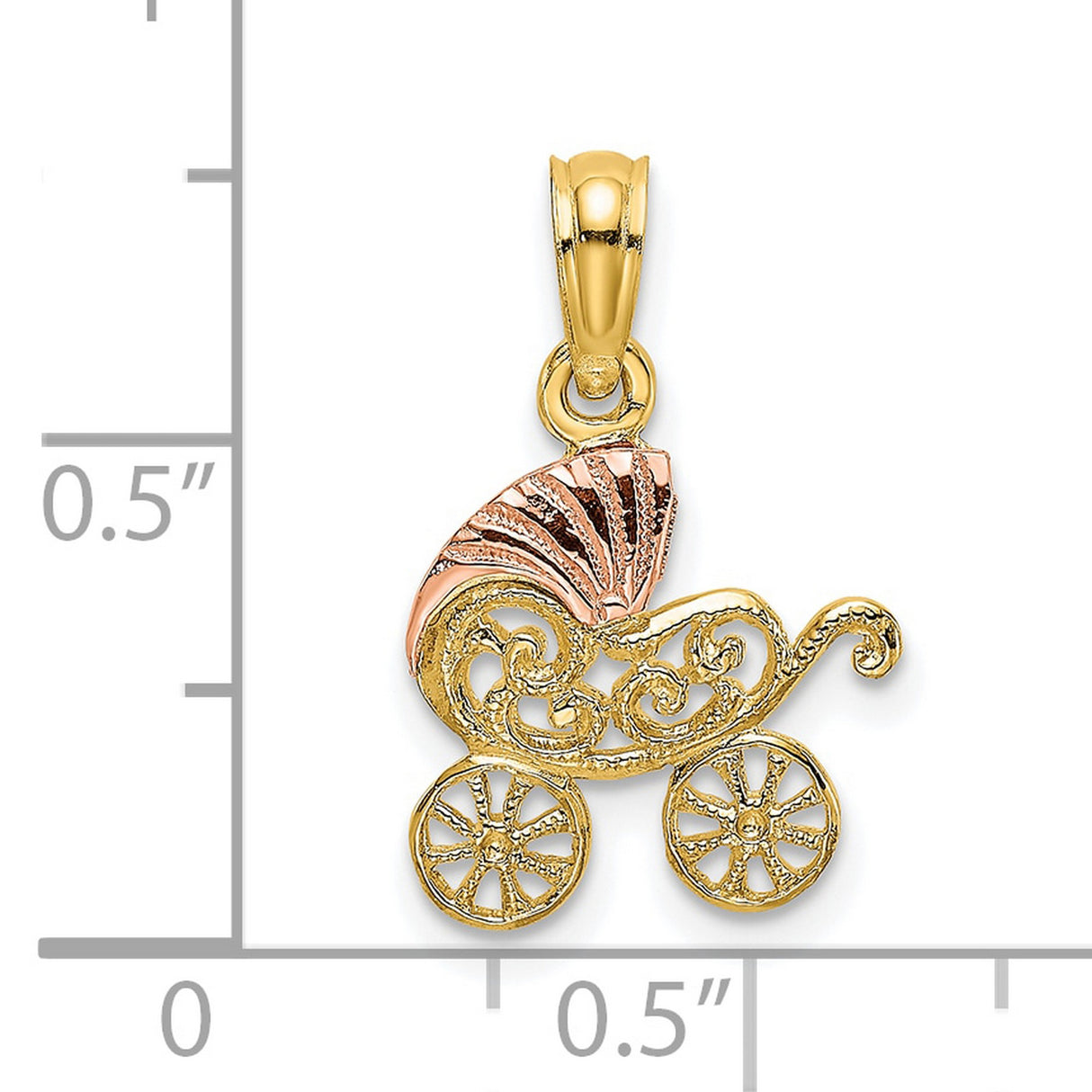 10k Two-Tone Gold Baby Carriage Pendant with Scrollwork Rose Gold Accents