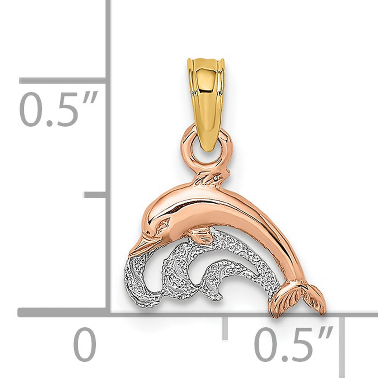 10k Two Tone Gold Dolphin Pendant with Rose Dolphin over Ocean Waves, Nautical Charm for Women or Teens