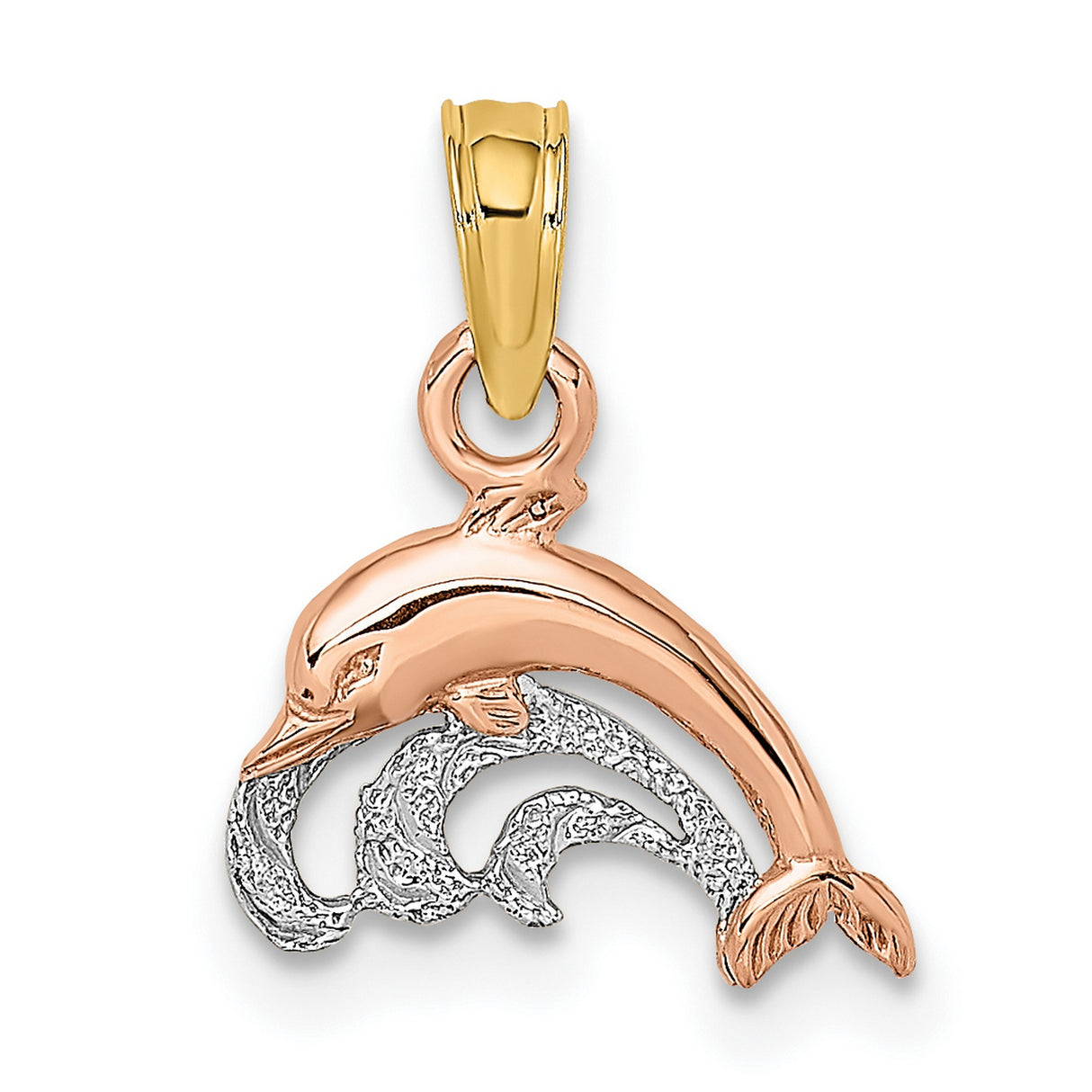 10k Two Tone Gold Dolphin Pendant with Rose Dolphin over Ocean Waves, Nautical Charm for Women or Teens